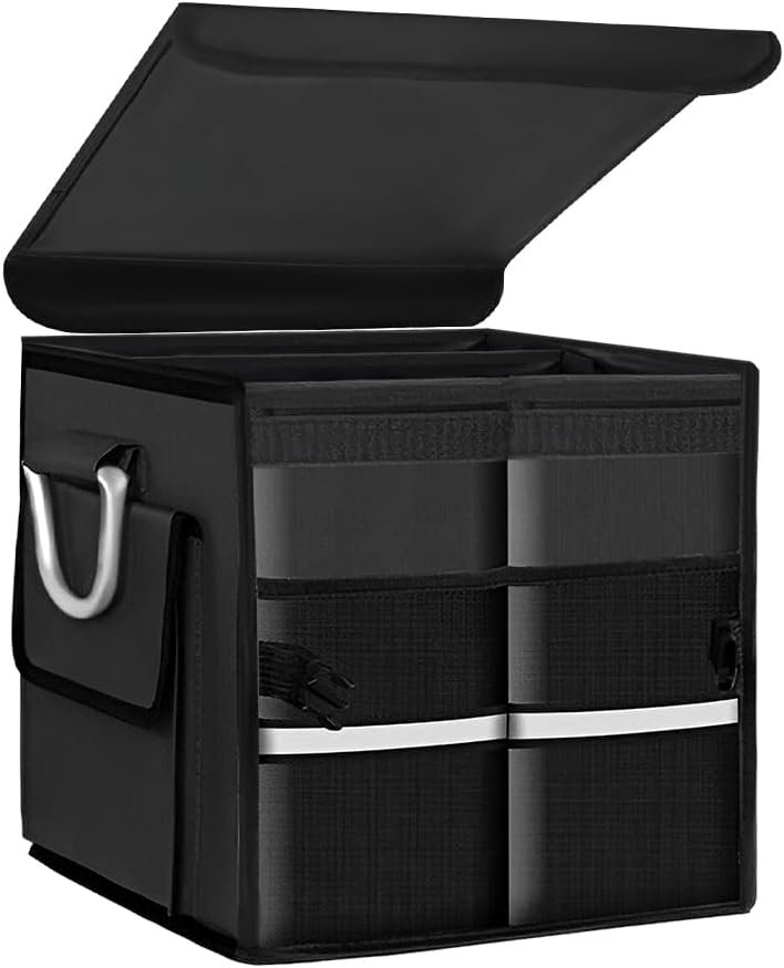 Trunk Organizer With Lid, Collapsible Waterproof Oxford Car Organizer with Aluminum Handle Base Plate, 2-Compartment 28L Sturdy Trunk Cargo Storage Organizer for RV SUV Truck (Black)