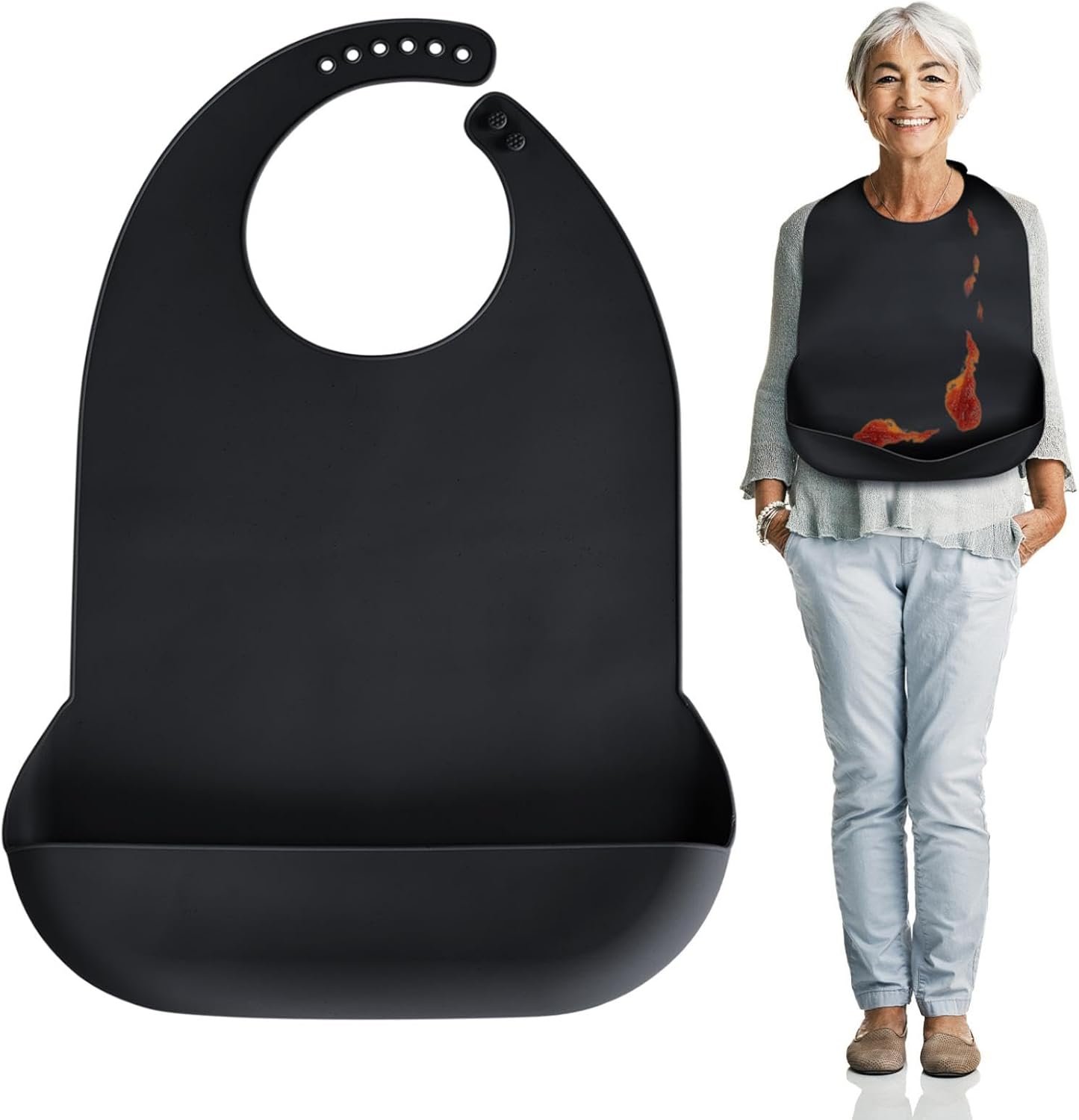 Adult Bibs for Men, Women, Elderly- Silicone Adult Bib for Eating – Washable Bibs with Crumb Catcher (Black)