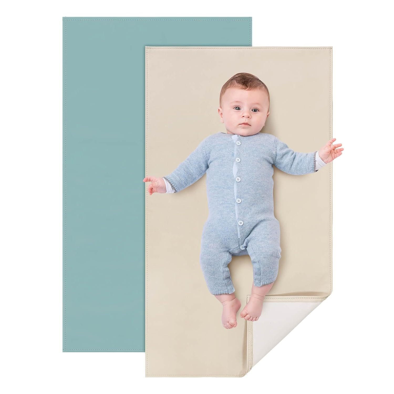 YACODAVO 2 Pack Baby Leather Changing Mat, Waterproof Portable Diaper Changing Pad for Home, Wipeable Foldable Baby Travel Mat Fits Perfectly in Diaper Bag, 30 x 17 inches, Off White and Blue