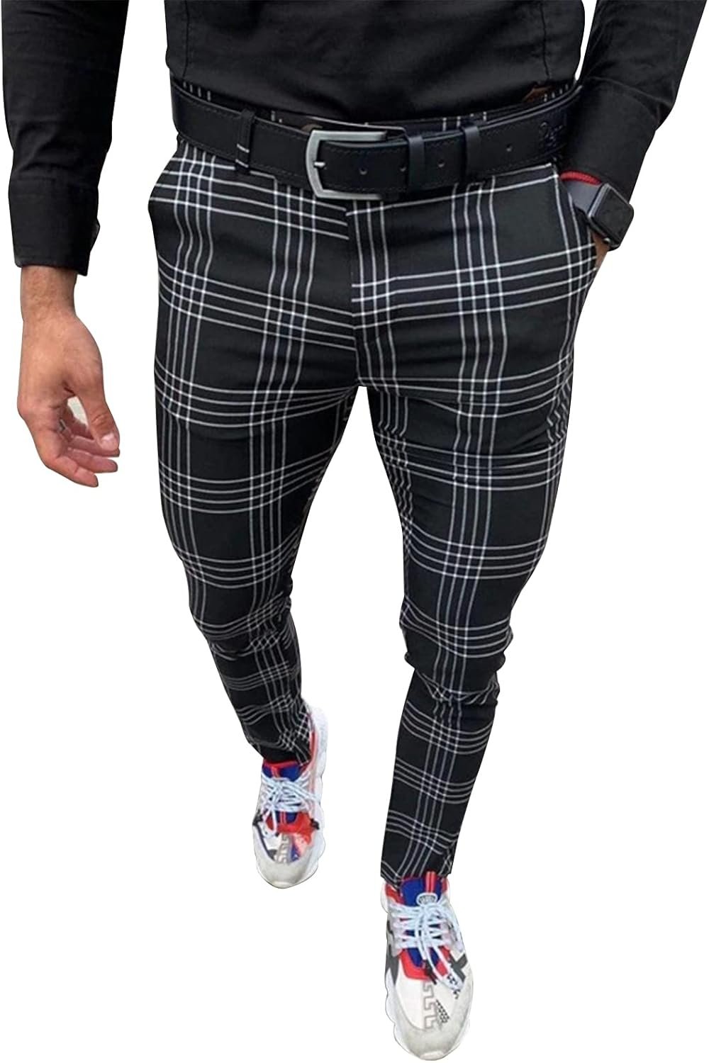 Men’s Fashion Stretch Dress Pants Slim Fit Plaid Pants Business Suit Pants Casual Golf Pants