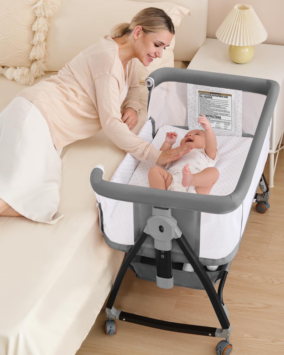 Baby Bassinet, Bassinet Bedside Sleeper with Wheels, Breathable Mesh Bedside Bassinet for Baby, Mosquito Net, Storage Basket, 6 Height Adjustable, Easy to Fold, Grey