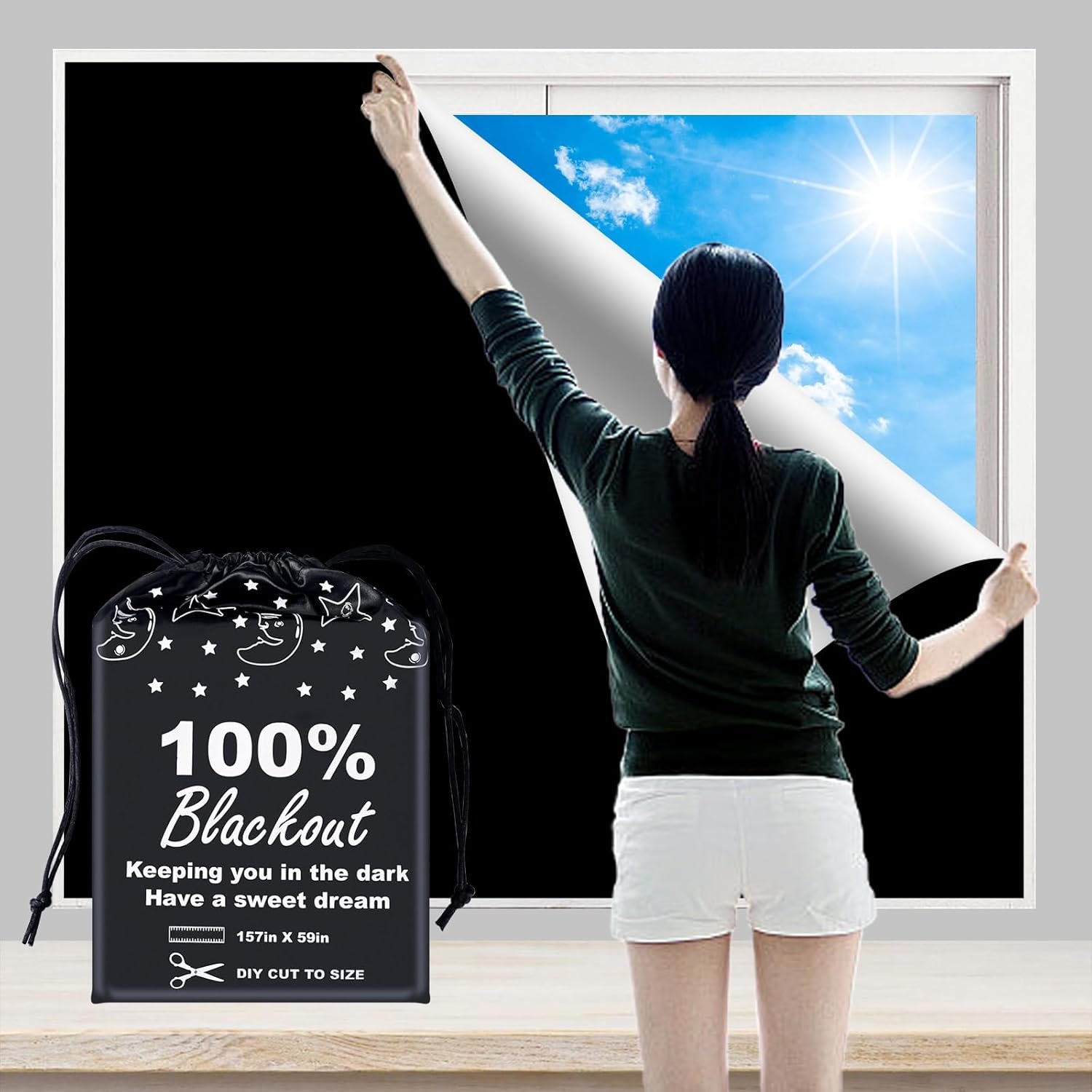 100% Blackout Blind Curtains Window Cover [157″ x 59″ XXL] [DIY Cut to Any Size or Shape] [Hook & Loop Tabs][ Portable Bags for Travel] [Light & UV Blocking ] for House,Nursery,Apartment