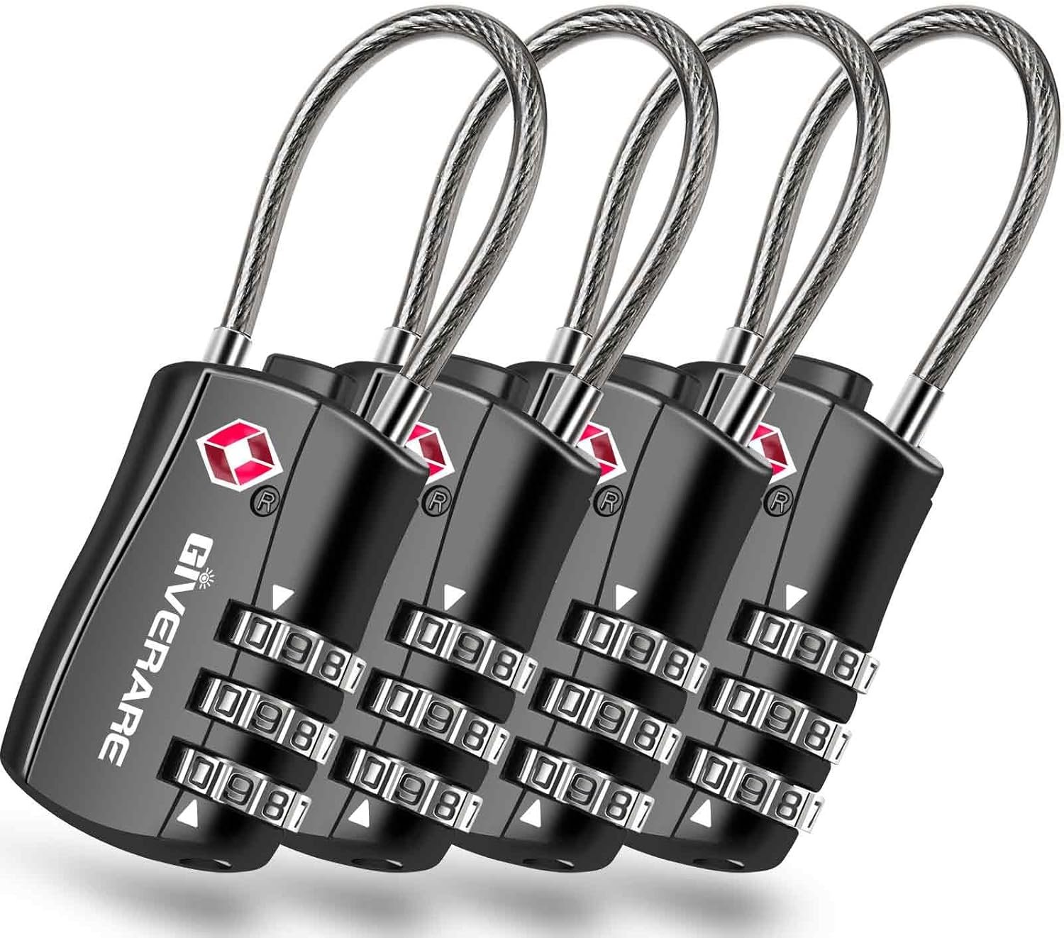 GIVERARE 4 Pack TSA Approved Luggage Locks, Combination Travel Cable Lock, Re-settable 3-Digit Padlocks with Alloy Body, Keyless TSA Padlock for Gym Locker, Golf Bag Case-Black