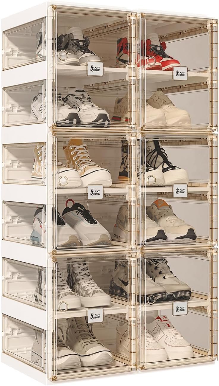 ANTBOX Foldable Shoe Rack,Shoe Organizers for Closet Plastic Shoe Storage Box For Entryway,Living Room,Large Sturdy Stackable Sneaker Cabinet Bins With Magnetic Clear Door 6 Tiers 12 Pairs
