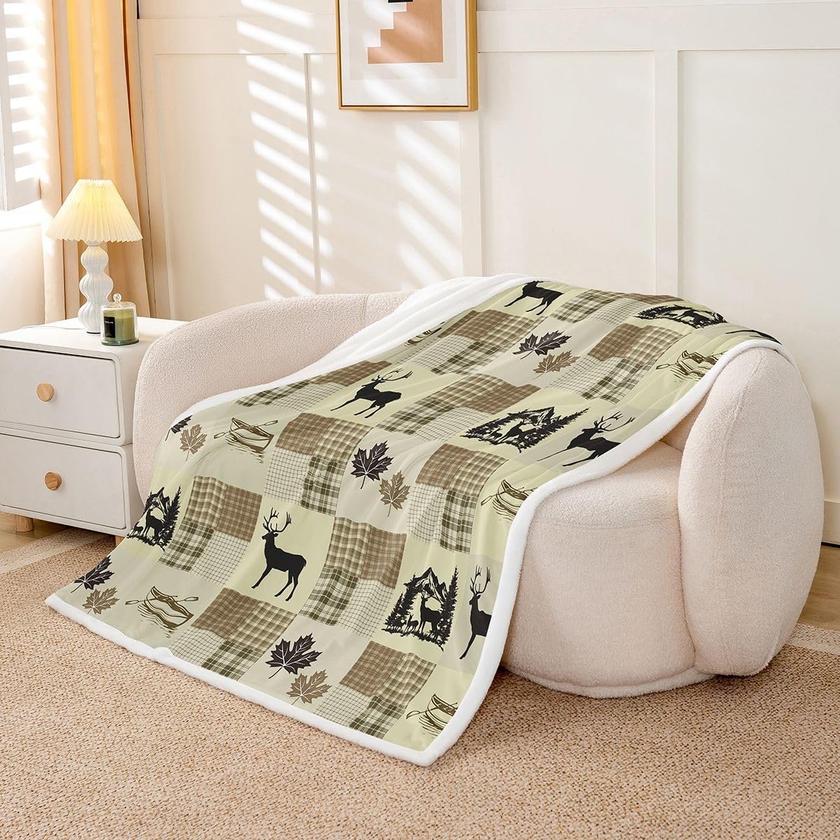 Feelyou Cabin Lodge Sherpa Throw Blanket for Couch Wild Deer Super Soft Cozy Fleece Rustic Plaid Blanket for Winter, Plush Throw Lake Camping Baby 30″x40″ Green All Season