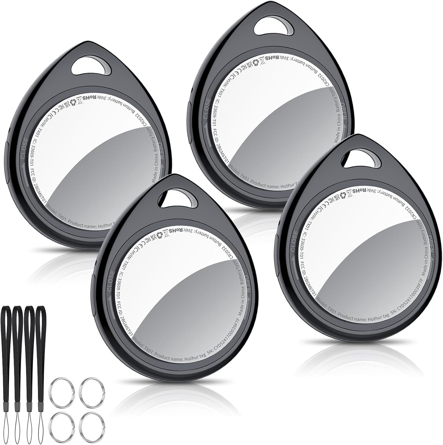 Air Tracker Tags-4 Pack, 5.3 Bluetooth Tracker Work with Apple Find My (iOS Only), 100dB Sound, Smart Tag with Keychain/Lanyard, Item Finder for Luggage/Key/Suitcase, Replaceable Battery, Black.