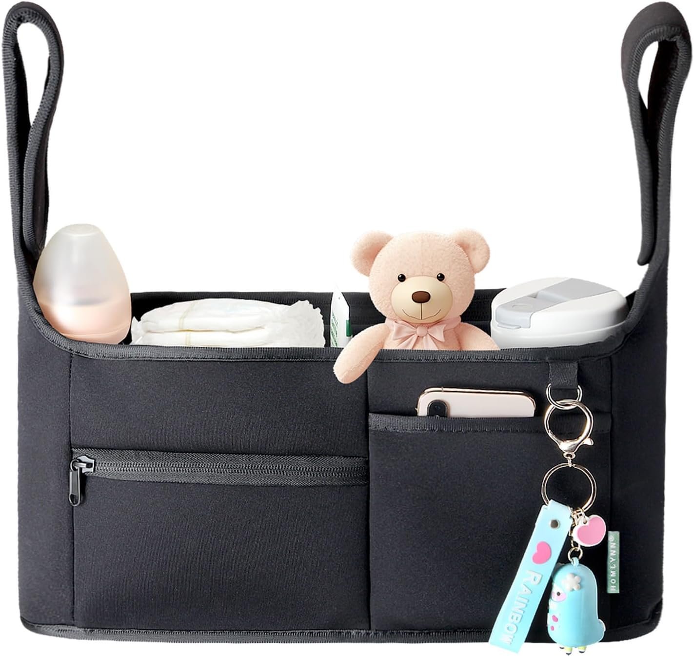 Stroller Organizer, New Fabric Design, Holds 2 Cup Holders for Baby Products, Multiple Pockets for Storing Diapers and Toys, Suitable for All Off-Road Models
