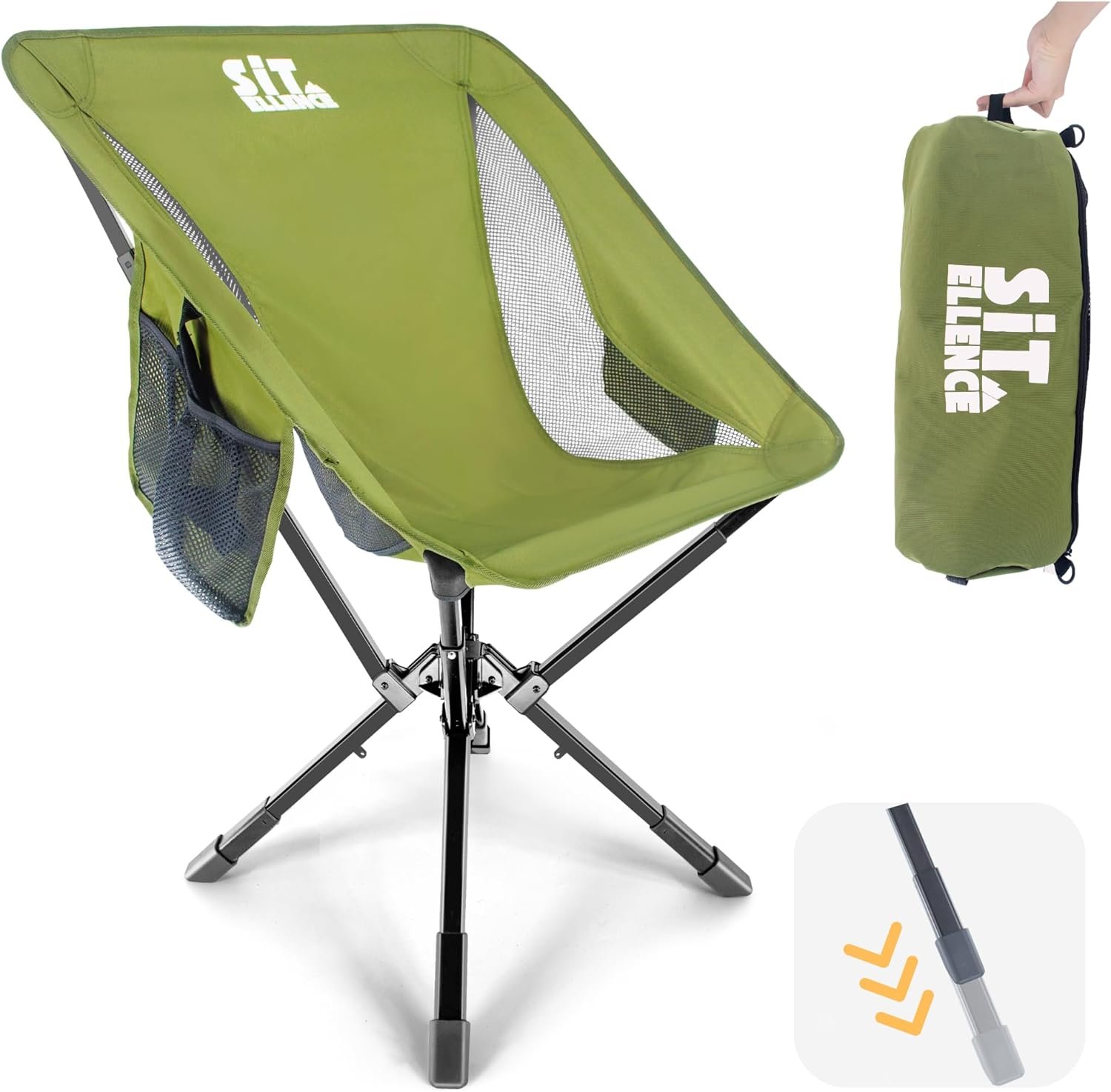 ADJ-S2 Portable Camping Chair – Adjustable Height Folding Chair, Compact Collapsible Chair Setup in 8s, Outdoor Chair for Camping, Beach, Sports/Music Events, Supports 330LBS – Green 2025 Edition