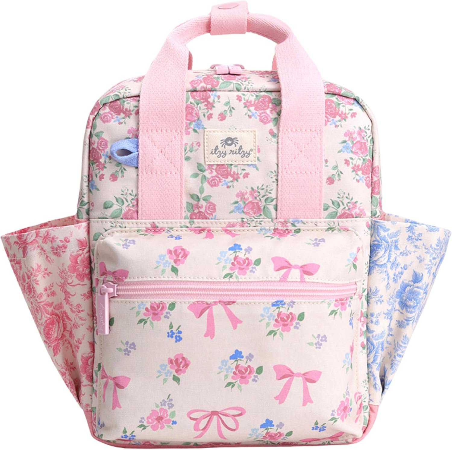 Itzy Ritzy Toddler Backpack – Daycare Bag – Features Adjustable Shoulder Straps, 2 Side Pockets & Spacious Interior with Wipeable Fabric Lining & Name Label, Ribbons & Roses Backpack