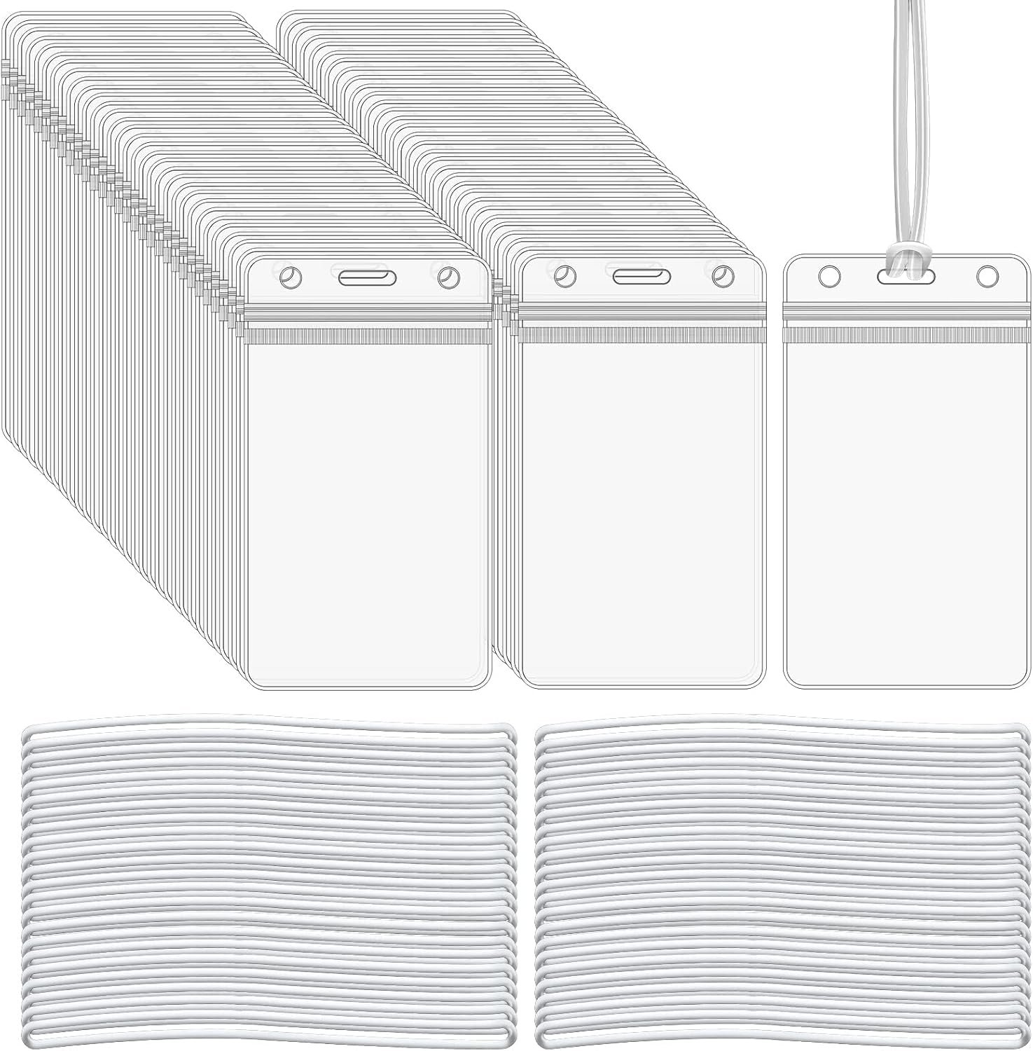 100 Pieces Clear Plastic ID Card, Luggage Bag and Badge Label Holders with 100 Pack Luggage Tag Loop Straps for Office, Business and Travel Supplies