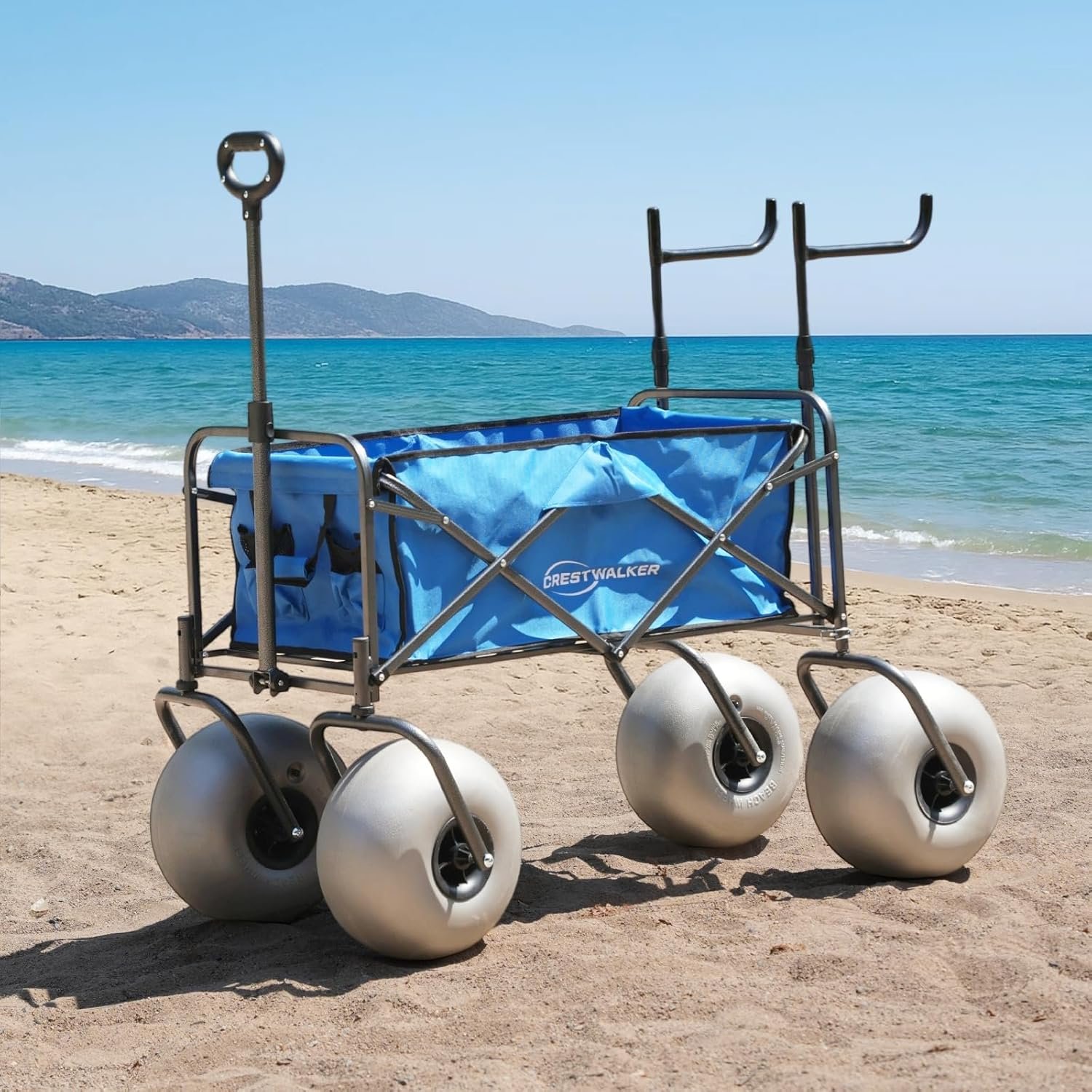 Beach Wagon with Big Wheels for Sand, Collapsible Folding Cart with All Terrain Inflatable Fat Balloon Tires, Heavy Duty 330lbs Capacity (Chair Rack Model, 13” Balloon Wheel)