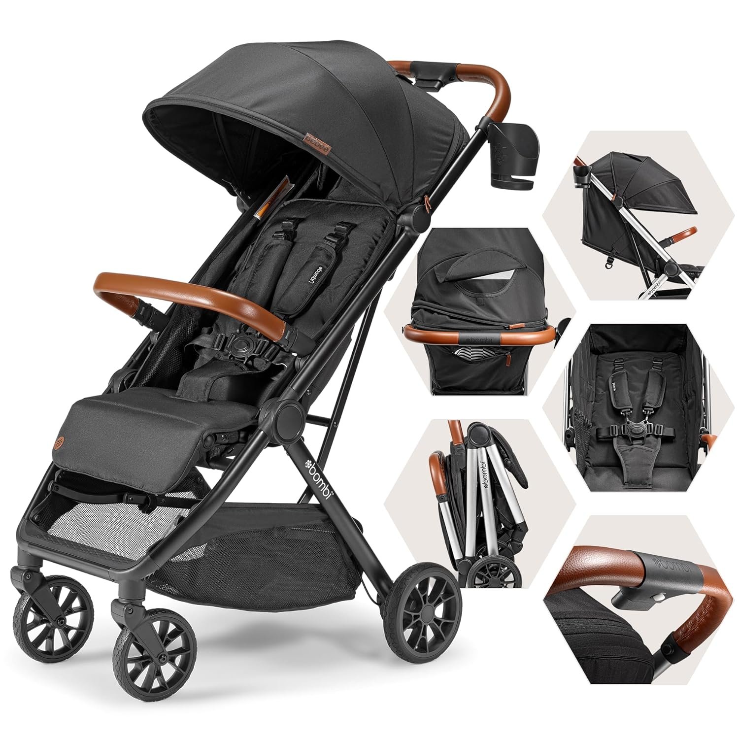 Bombi Bēbee V2 Lightweight Baby Stroller – Premium Vegan Leather, One-Hand Fold, Infinite Recline, Aircraft-Grade Aluminum Frame, XXL Canopy, and Ample Storage Umbrella Stroller – Hickory
