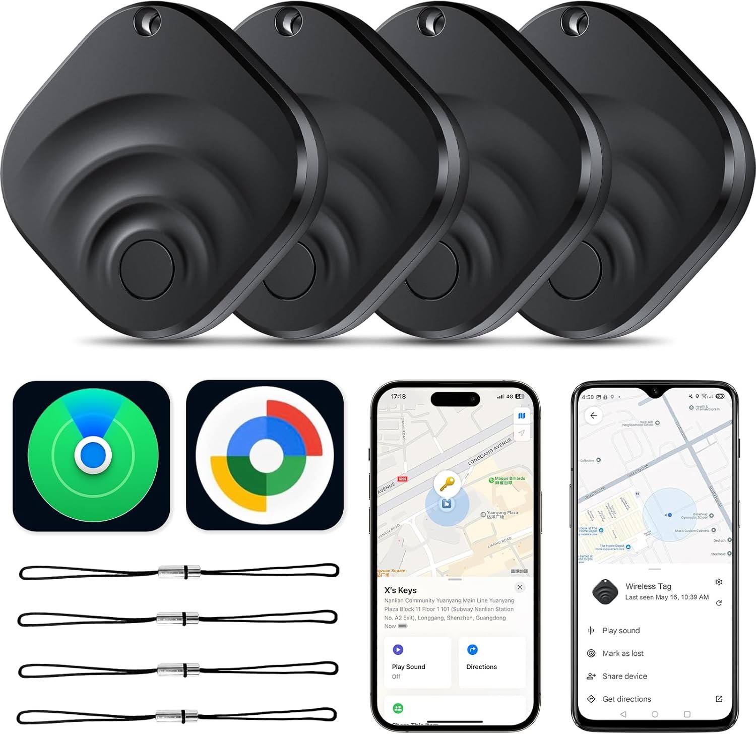 4 Pack Dual System Tracker for iOS and Android Bluetooth Tracker Smart Tags Compatible with Apple Find My (iOS) & Google’s Find Hub(Android) for Keys, Luggage, Wallet, Vehicles