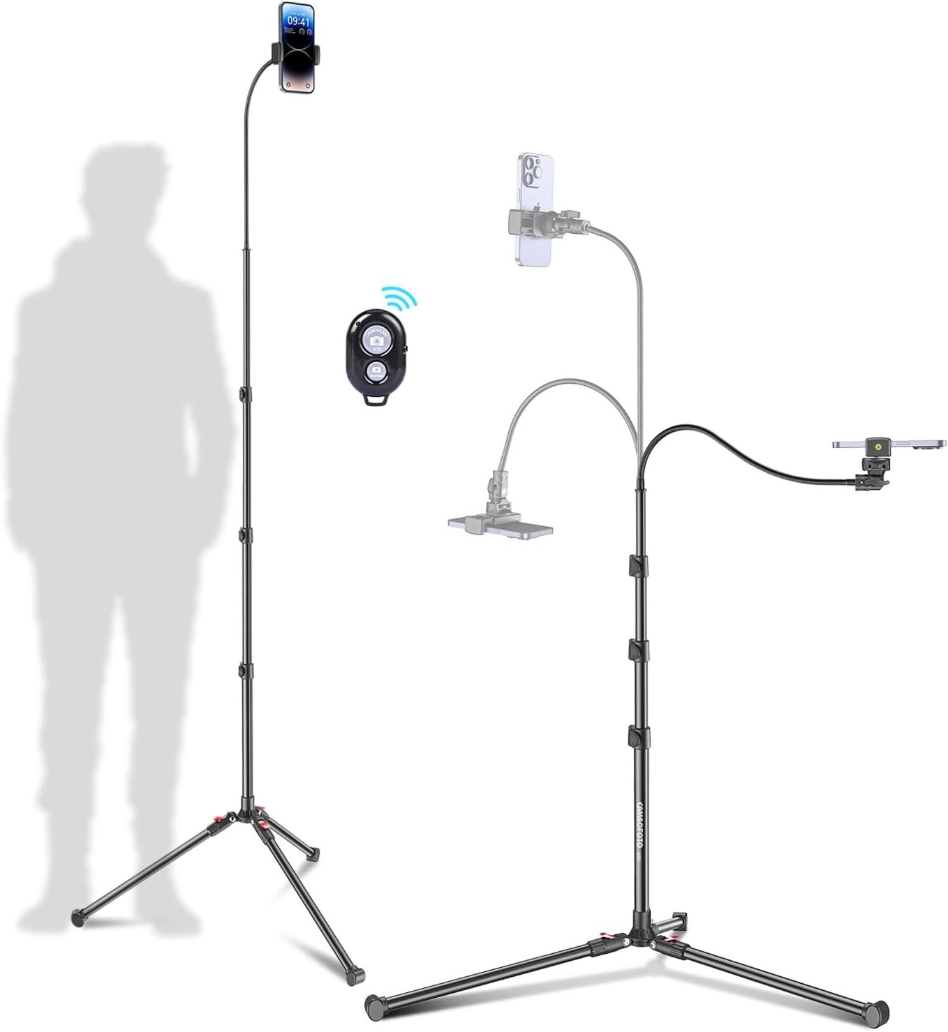 CAMBOFOTO 87″ Phone Tripod, Overhead Flexible Tall Tripod Stand with Remote, Selfie Stick, Compatible with iPhone, 15.7″ Gooseneck/Adjustable 360 Head, Gopro/Ring Light/Webcam/Video Recording/Vlogging