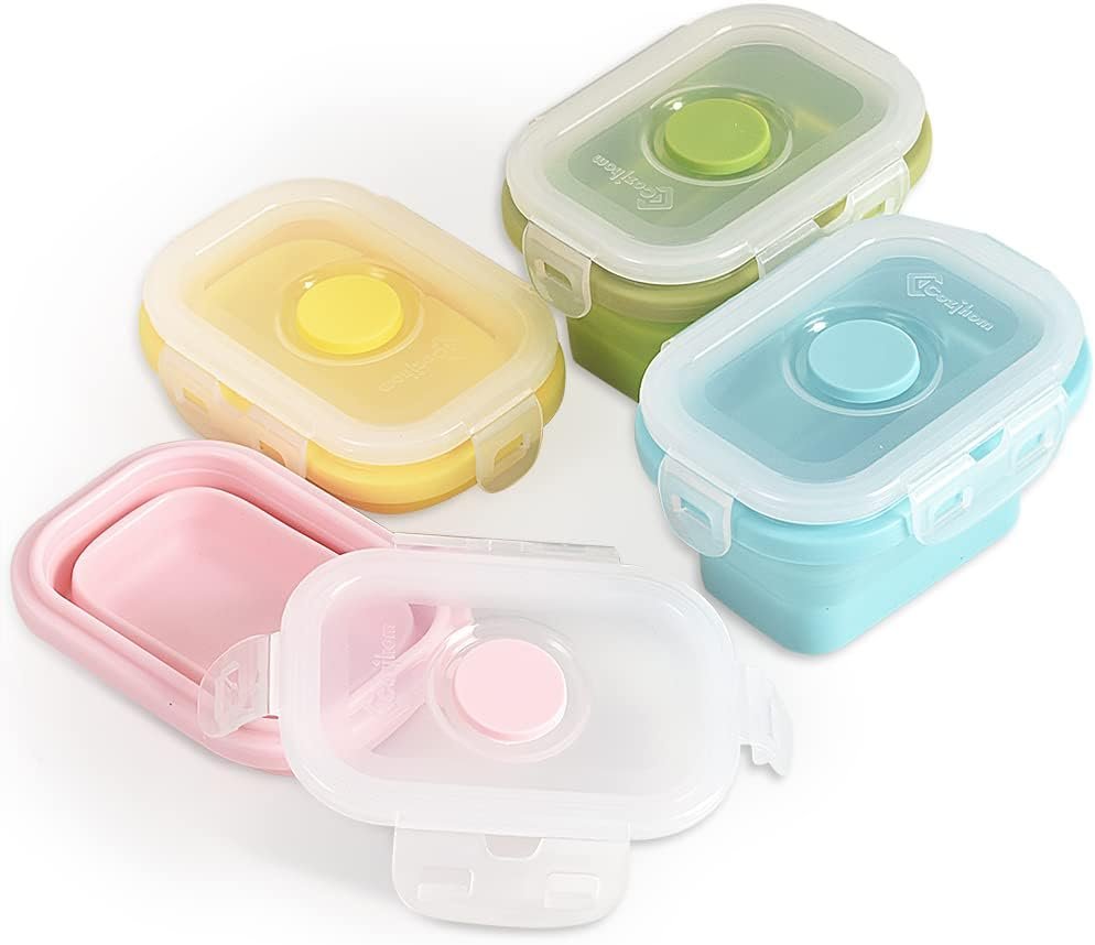 Collapsible Silicone Food Storage Container, Portion Control Container with Clip-on Lid, Stackable, Space Saving, Microwave/Fridge/Freezer/Dishwasher Safe, 5 Oz, Pack of 4