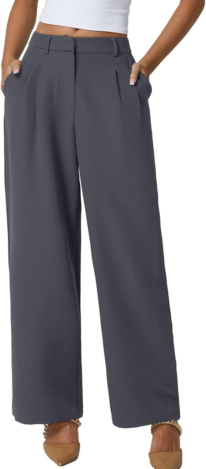 QINSEN Wide Leg Dress Pants for Women High Waisted Wrinkle Free Work Pants with Pockets Casual Slack