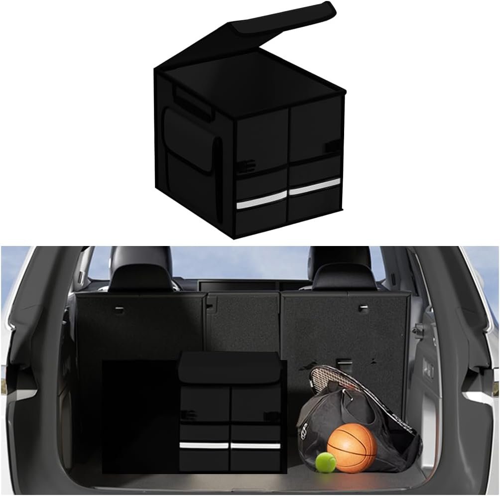 Car Trunk Organizer, Multi-Compartment Collapsible Vehicle Cargo Storage Organizer with Lid, Non Slip Waterproof Storage Box with Reinforced Handles, Universal Automotive Accessories (Black)