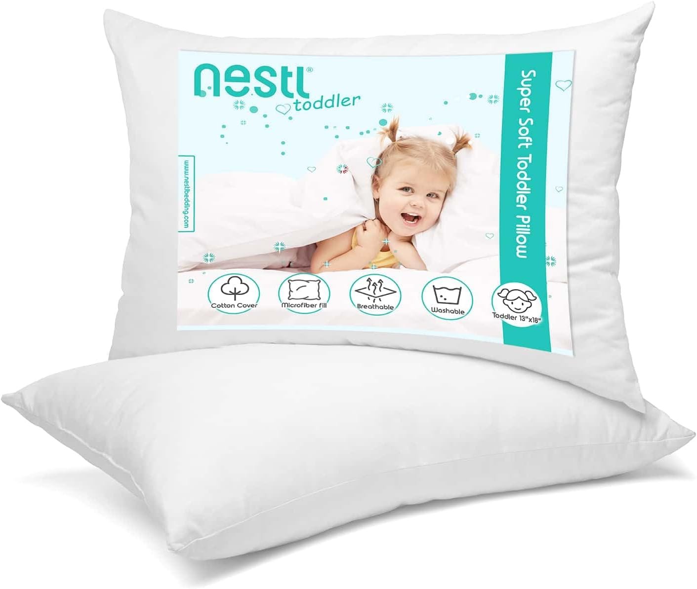 Nestl 2 Pack Toddler Pillow for Sleeping 13 x 18, Small Kids Pillow for Travel, Car, School, Nap, & Toddler Bed, Machine Washable Soft Cotton Child 2 Year Old and Up – White