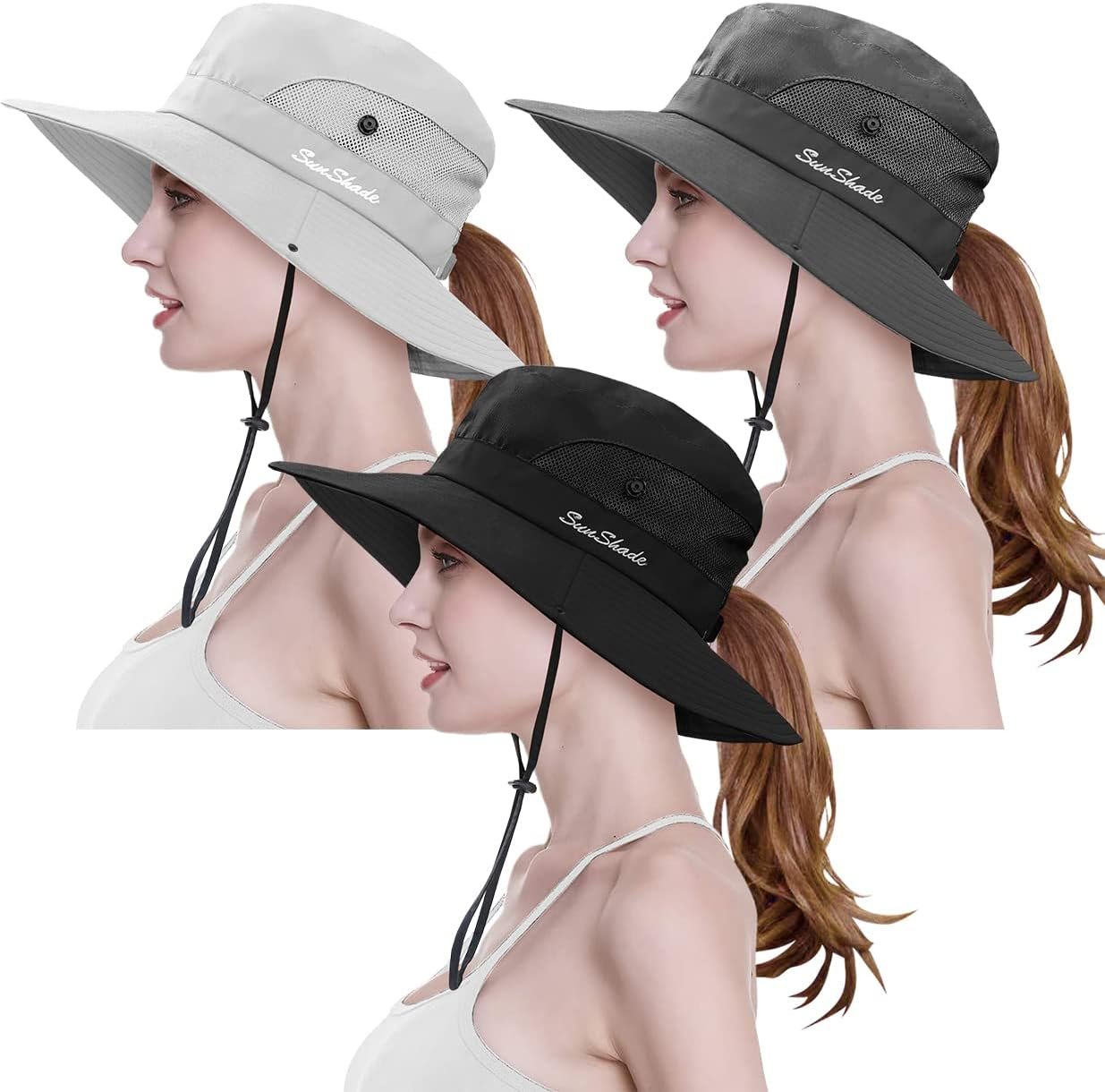 3 Pieces Womens Ponytail Wide Brim Sun Hat Packable UV Protection Beach Cap for Fishing & Hiking