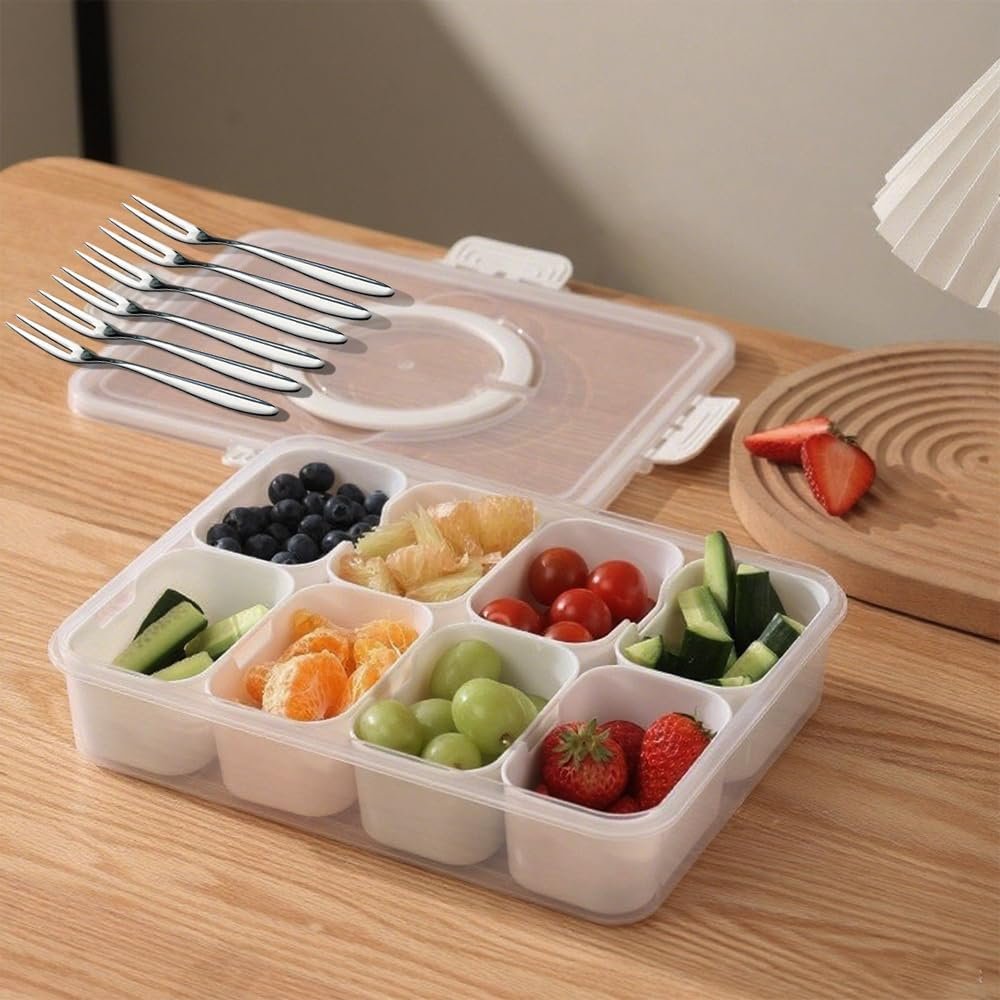 Snackle Box Container,8 Compartment Divided Serving Tray with Lid and Handle,6 Fruit Forks,Dishwasher Safe, BPA-Free,reusable snack containers with lids for Fruits,Nuts,Candy,Party,Picnic