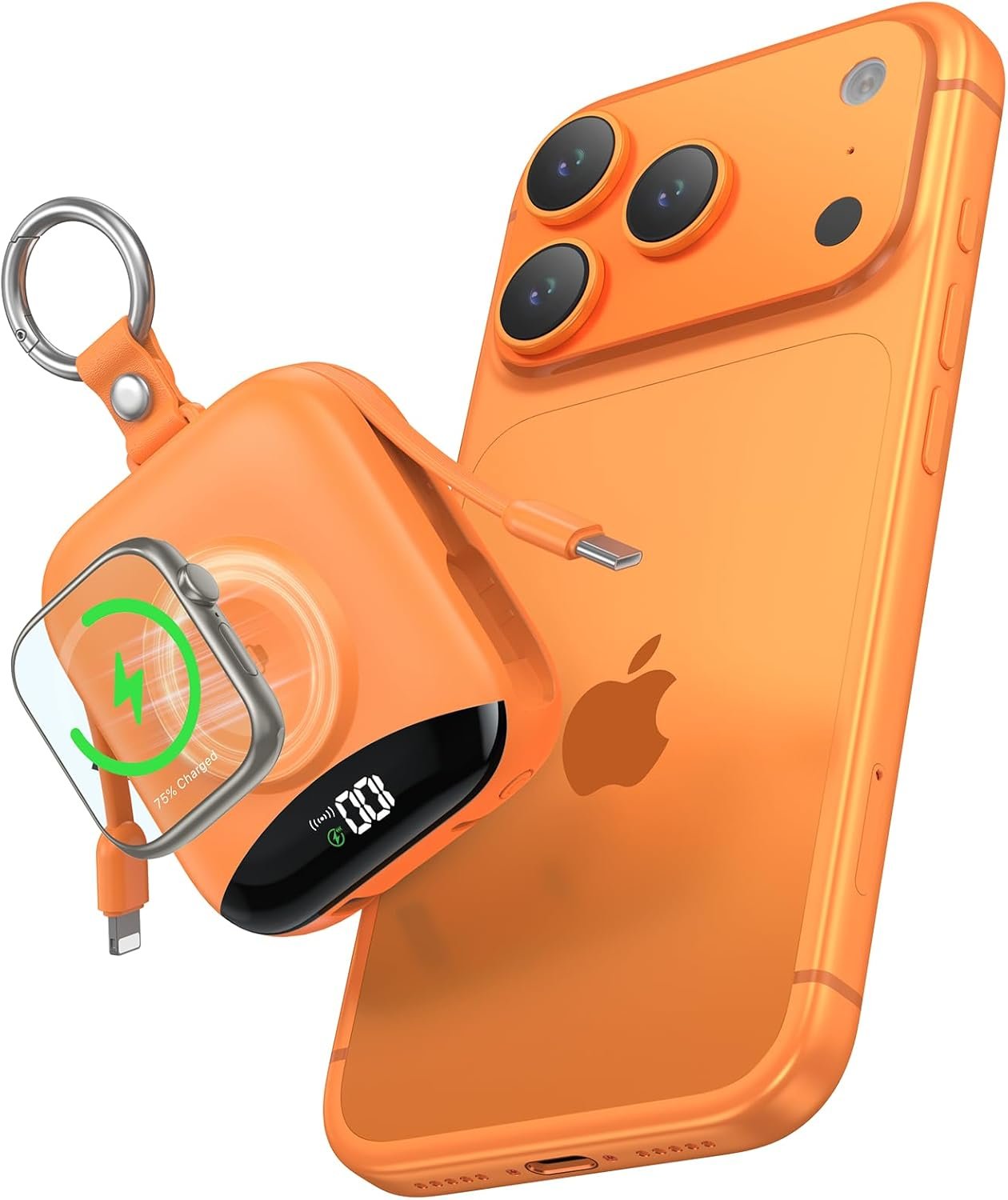 Portable Charger, 10000mAh 22.5W Fast Charging Power Bank with Built-in Cables, Travel Essentials Battery Pack with LED Display for iPhone, Portable iWatch Charger for 11/10/9/8/7/6/5/SE/Ultra Orange