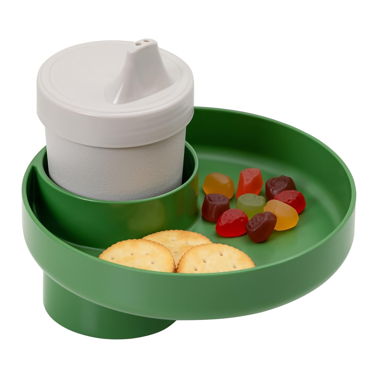 Travel Tray Round, USA Made Easily Convert Your existing Cup Holder to a Tray and Cup Holder for use in a Car Seat, Booster, Stroller, Golf Cart and Anywhere You Have a Cup Holder! Dino Green