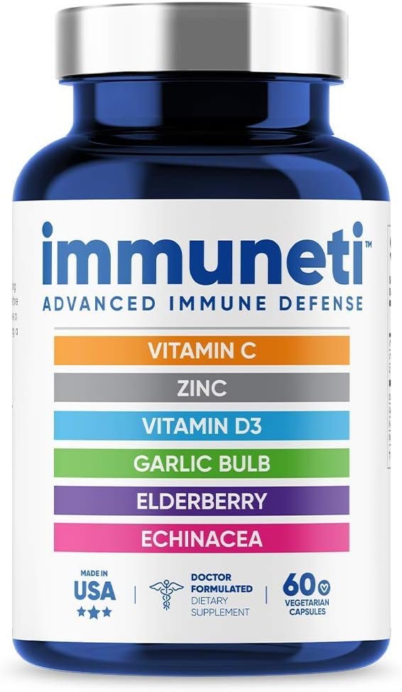 Immuneti Advanced Immune Support – Doctor Formulated 6-in-1 Daily Immunity Supplement – Made in USA – With Vitamin C, D3, Zinc, Elderberry, Garlic & Echinacea – Vital Nutrients & Antioxidants (1)