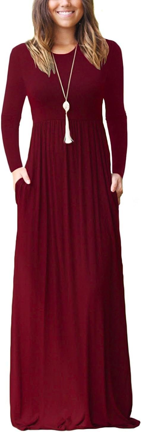 GRECERELLE Women Long Sleeve Casual Round Neck Loose Solid Floral Maxi Long Dress with Pockets, S-3XL