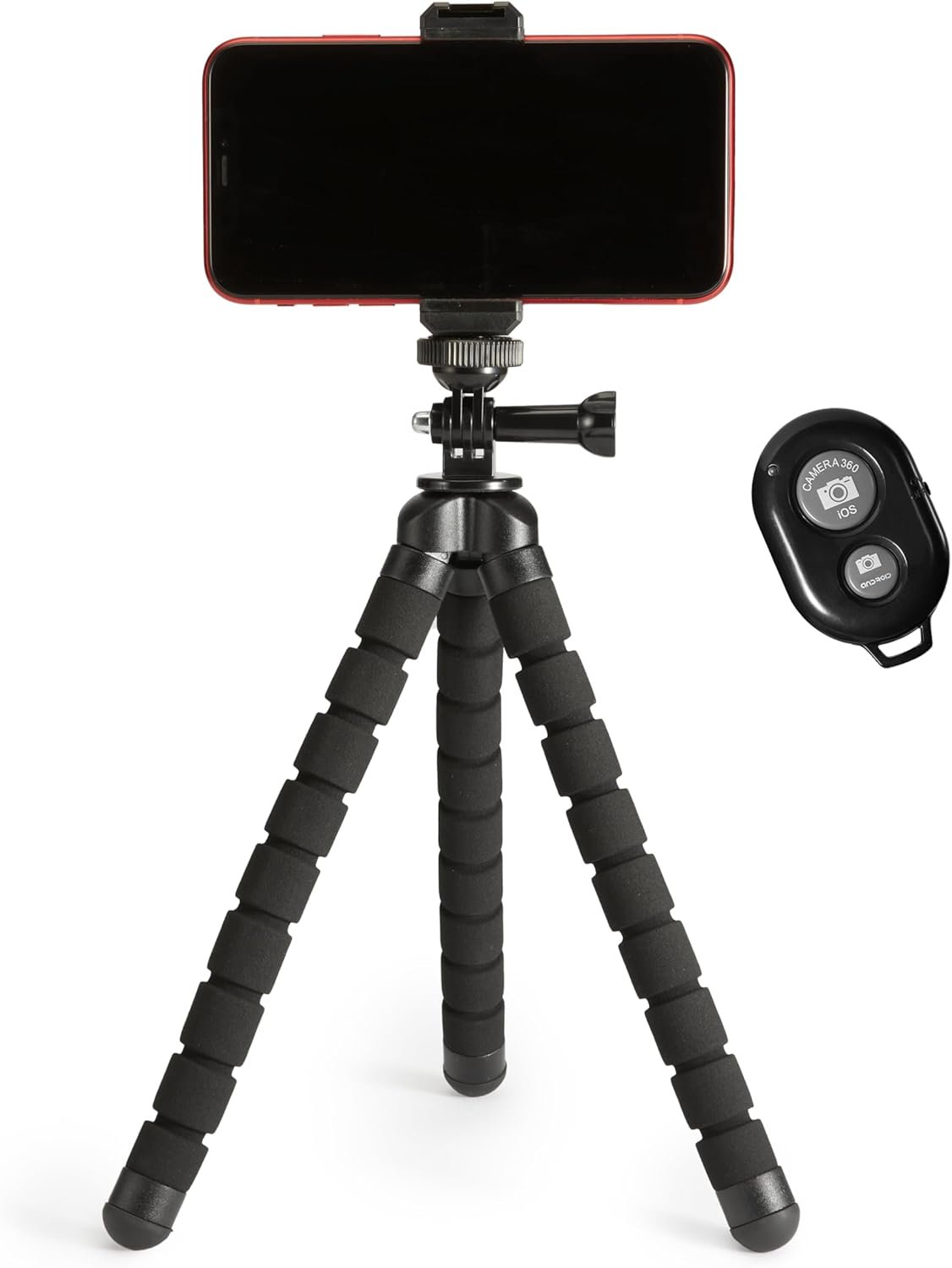 Amazon Basics Portable and Flexible Tripod with Wireless Remote and Smartphone Clamp, 10-inch long, Black