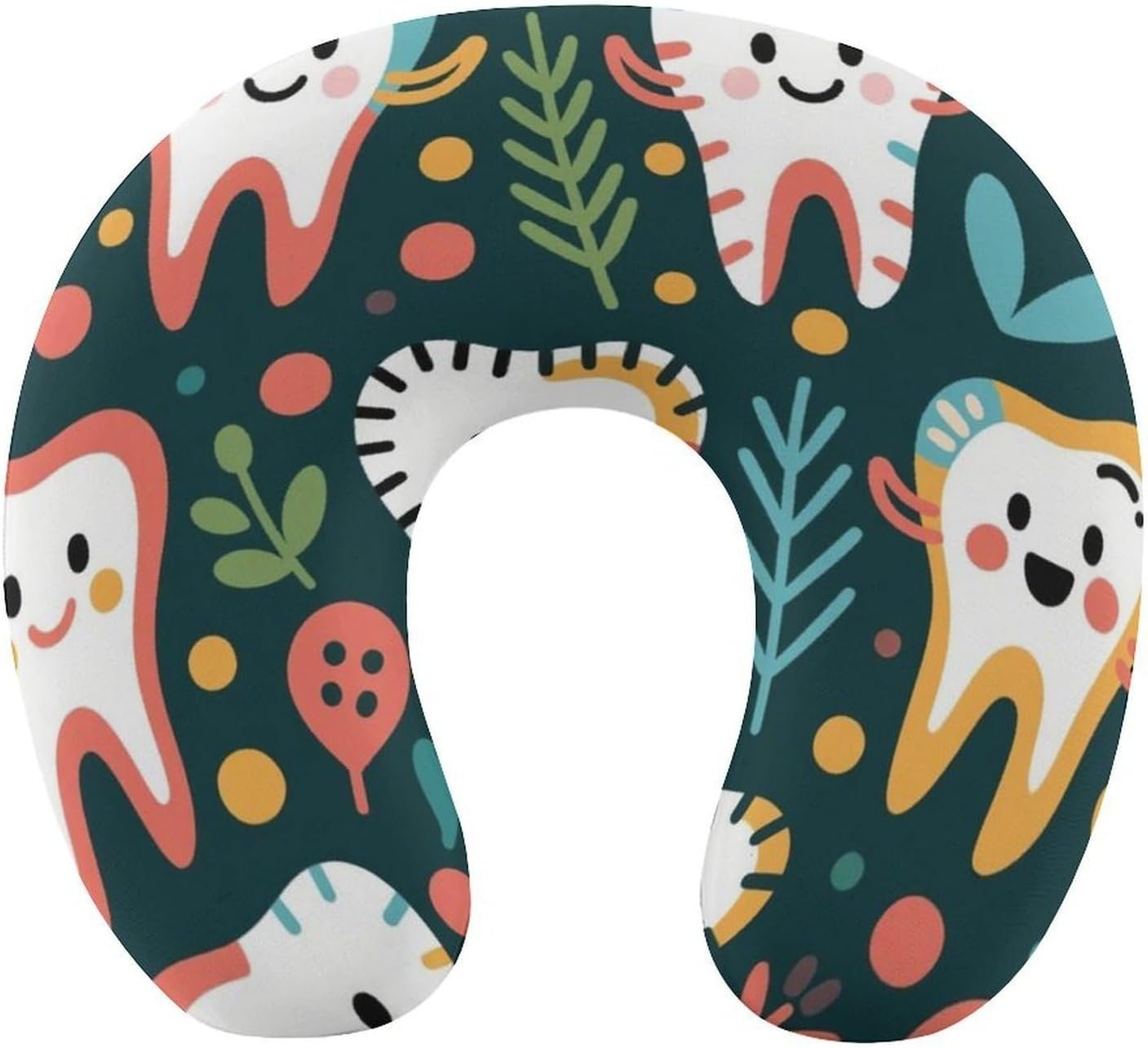 Premium Polyester Cervical Pillow for Car Travel – Cartoon Teeth Dental Art Supports The Head U Shape Pillow, Washable Cover
