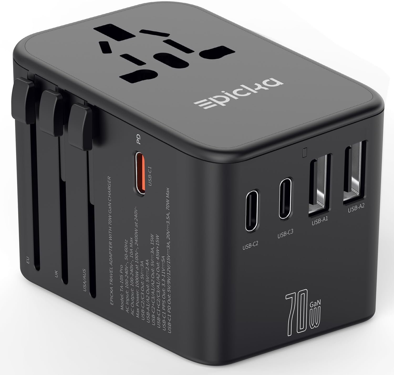 EPICKA Universal Travel Adapter, GaN International Plug Adapter with 3 USB-C 70W PD Fast Charging & 2 USB-A Adaptor All-in-one Wall Charger for USA EU UK AUS (TA-105 Pro, Black)