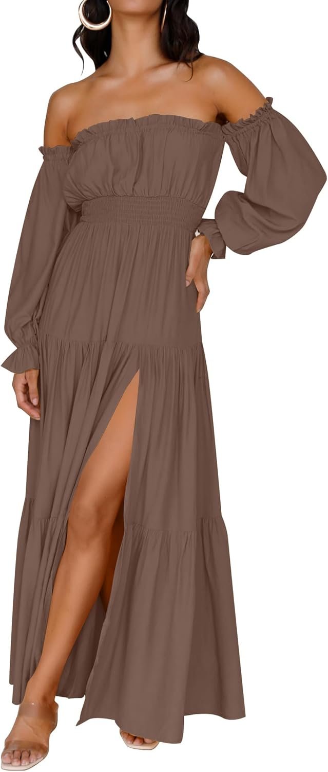 ZESICA Women’s 2026 Boho Sexy Off Shoulder Long Sleeve Smocked High Waist Side Split Flowy A Line Tiered Long Maxi Dress