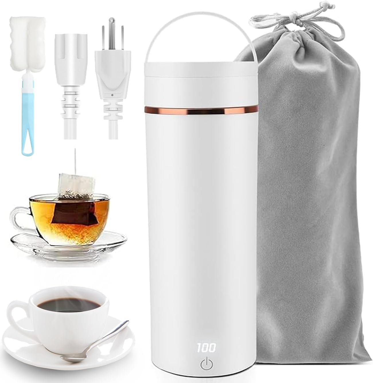 Travel Portable Electric Kettle, Small Electric Hot Water Bottle with 6 Temperature Settings, 400ml Mini Heating Cup for Tea Coffee, 304 Stainless Steel, Auto Shut-Off