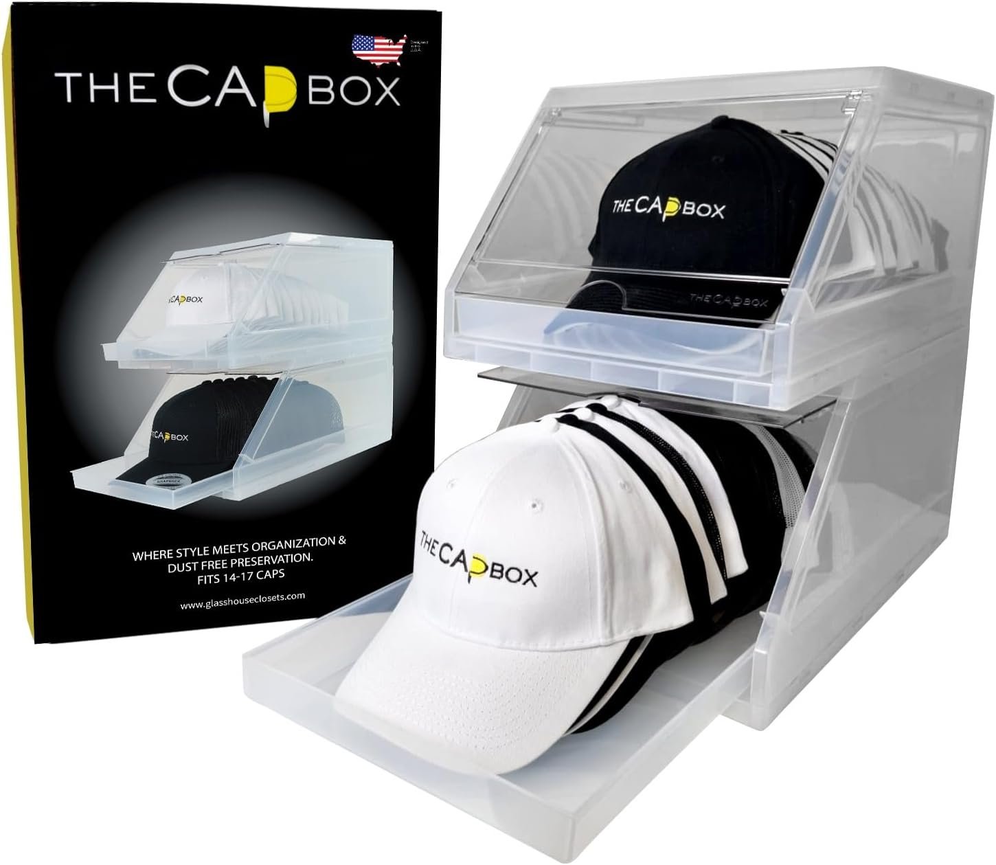 The CapBox 2.0 (2 Pack Clear) Hat Organizer for Baseball Caps, Stackable Sliding Tray Hat Rack & Hat Holder Hat Hanger Cap Storage Container 2 Yr. Warranty Anti Tilting & Tray Stopper (Clear)