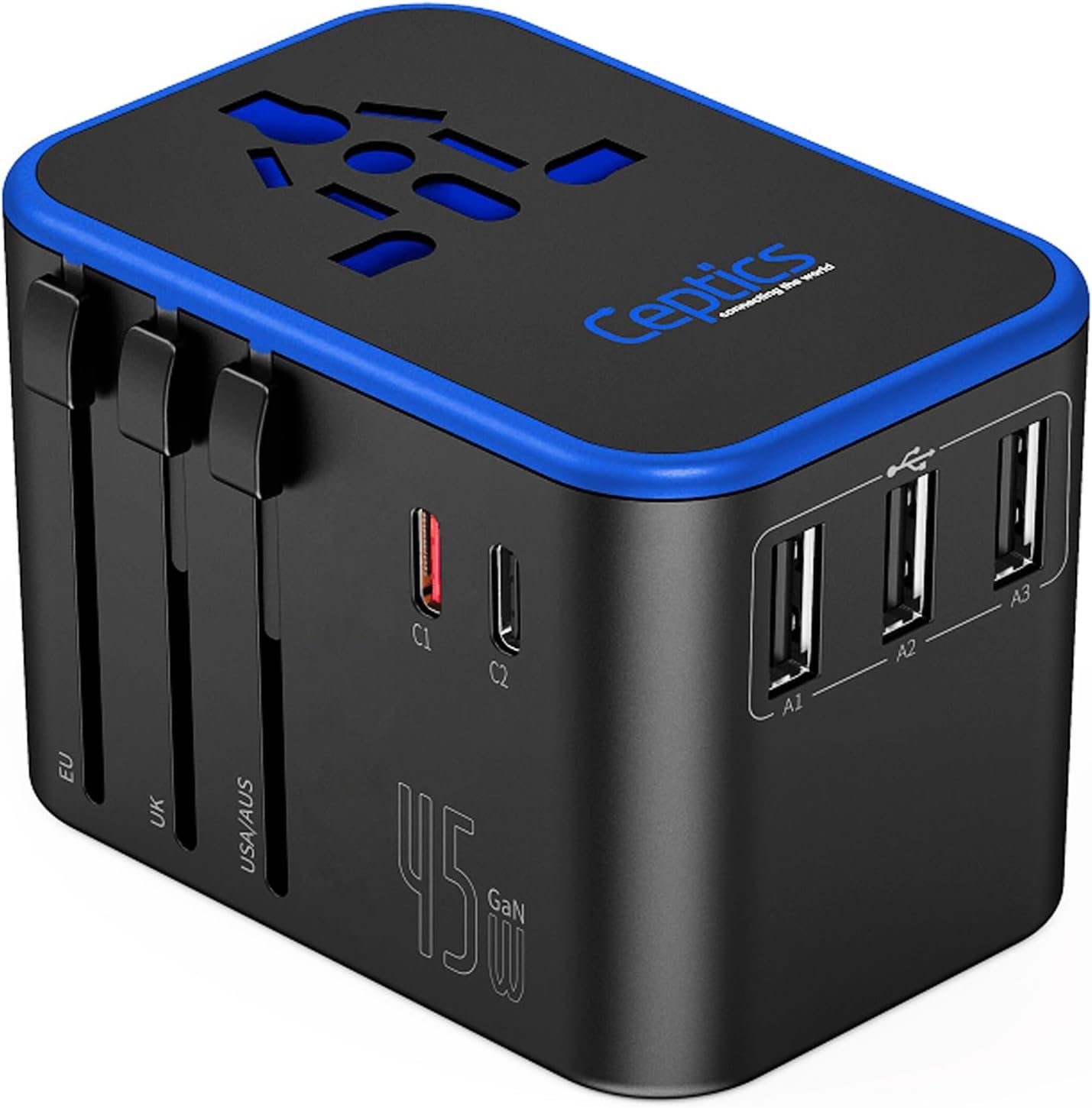 Ceptics Universal Travel Adapter, 45W International Power Adapter with PD & QC 3.0 Dual USB-C, 3 USB Travel Adapter Worldwide, Type I C G A Outlets 110V 220V A/C – EU Euro US UK (11-KU)