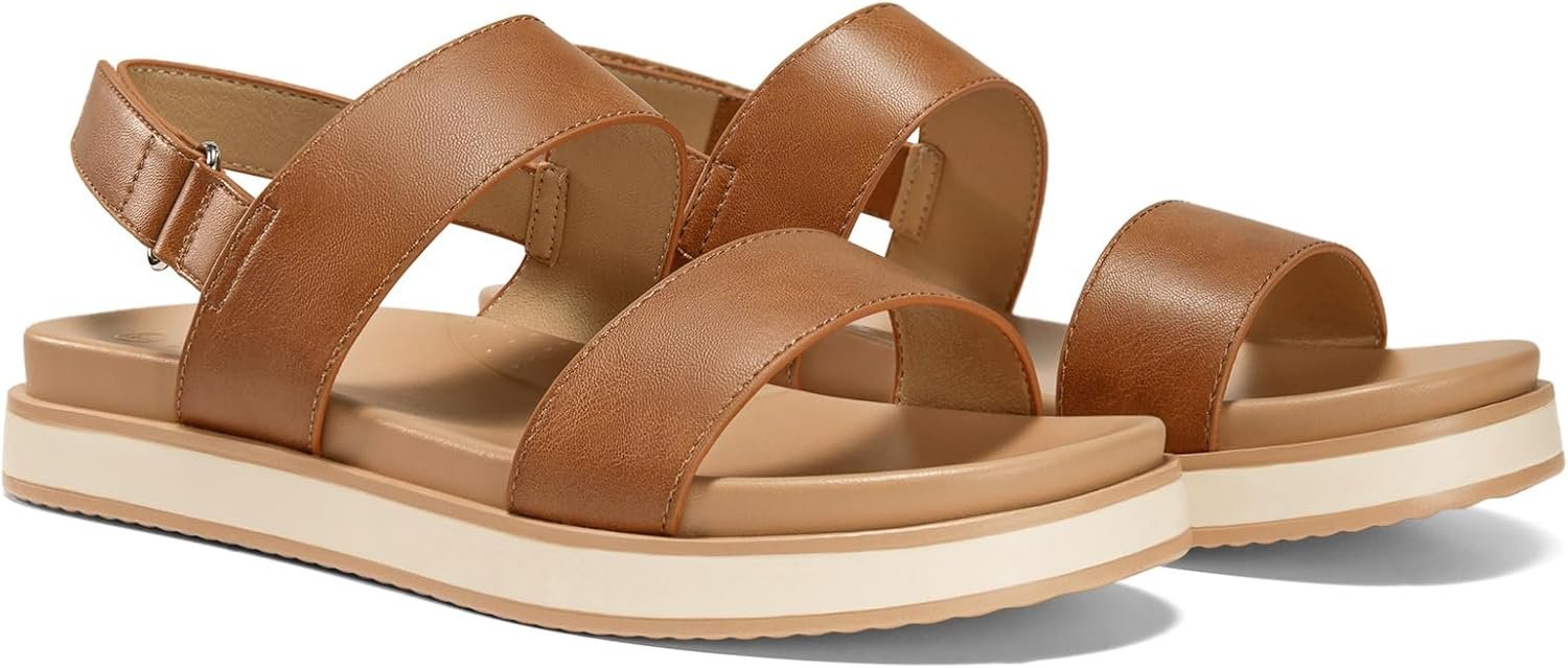 Coutgo Womens Flat Sandals Comfortable Arch Support Adjustable Double Strap Lightweight Summer Platform Sandals, Brown, Size 8
