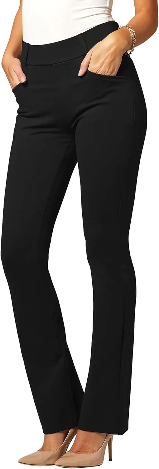 Stretch Slacks for Women – Wear to Work – Tummy Control Waistband – Bootcut Dress Pants with Pockets (Available in Plus Size)
