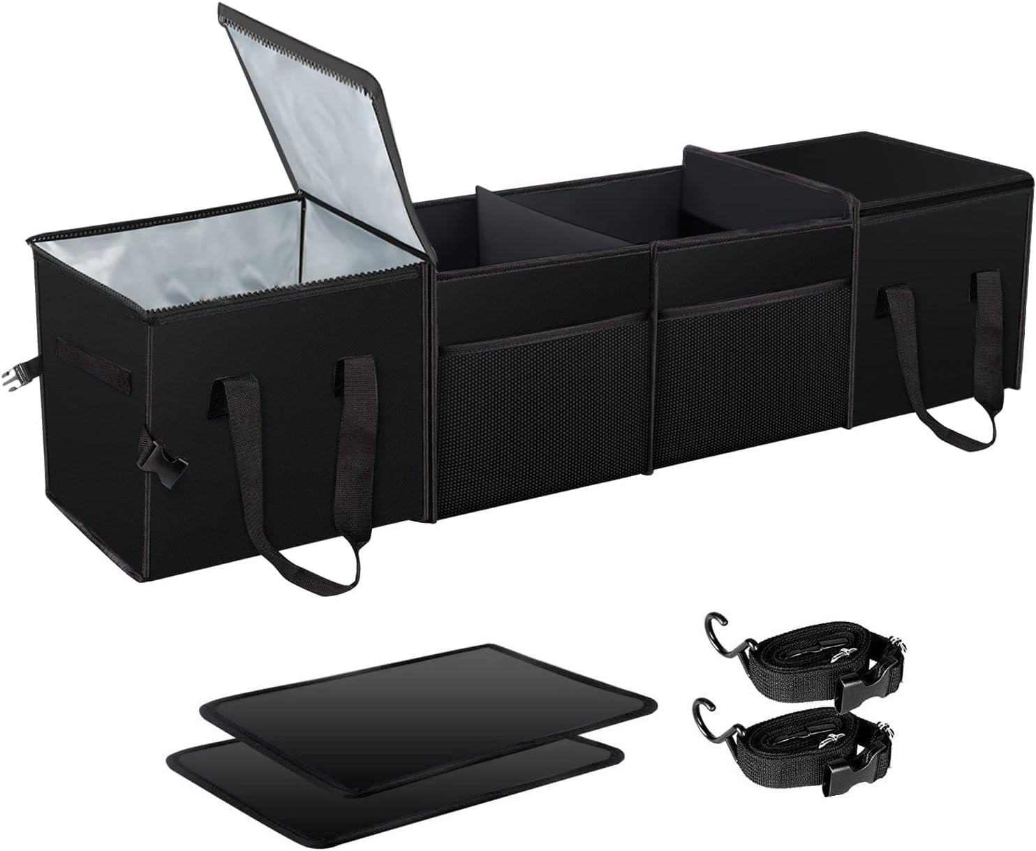 X-cosrack Insulated Car Trunk organizer, Collapsible Car Storage Organizer with 2 Cooler Bag and Lid for SUV, Jeep, Car Accessory with Mesh Pocket and Securing Strap for Grocery, 4 Compartment, Black