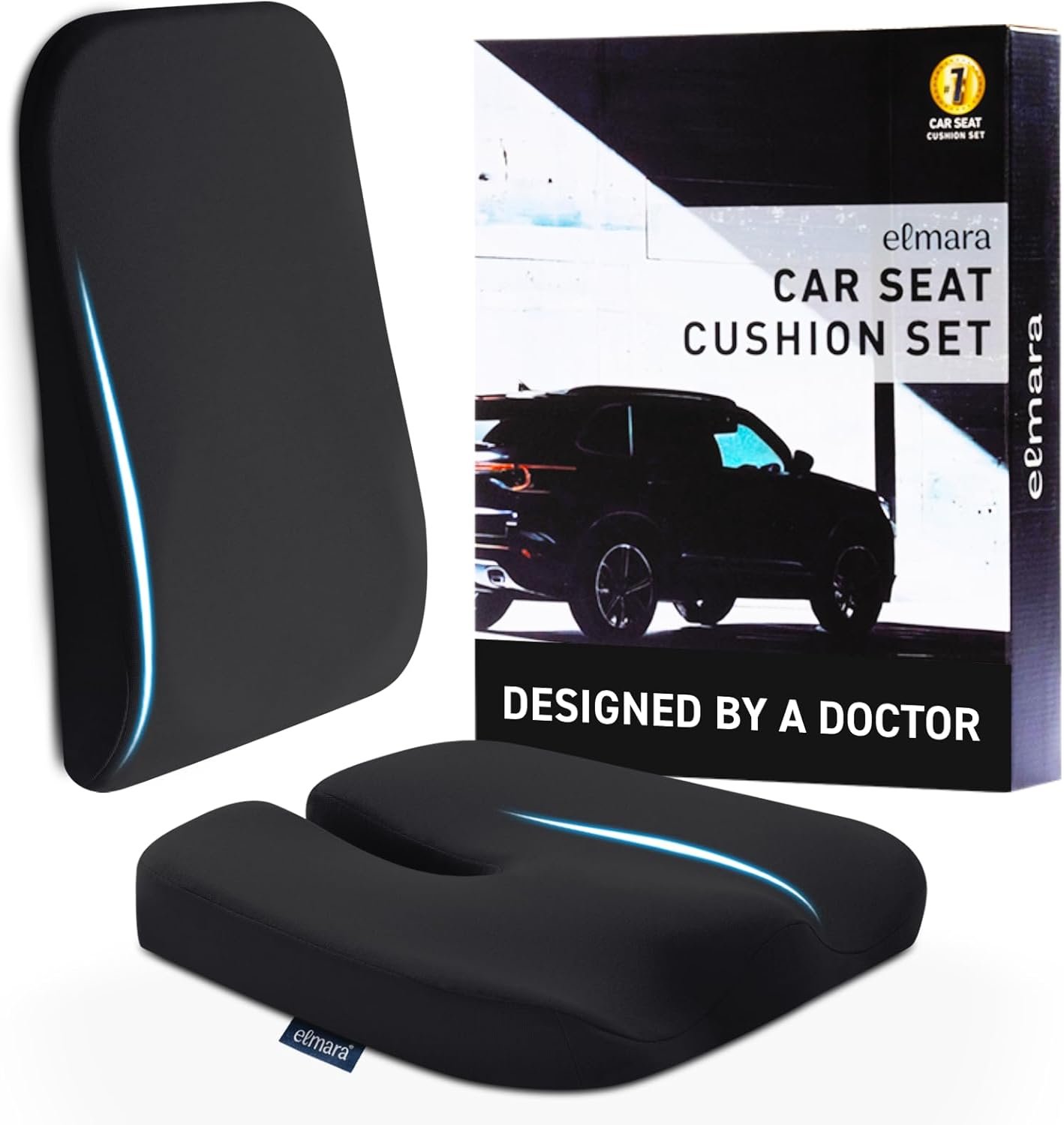 Elmara Doctor-Designed Car Seat Cushions for Driving – Car Seat Back Support, Driver Seat Cushion and Back Cushion for Car, Pillow for Driving Seat – The Ultimate Comfort Solution for Cars (Black)