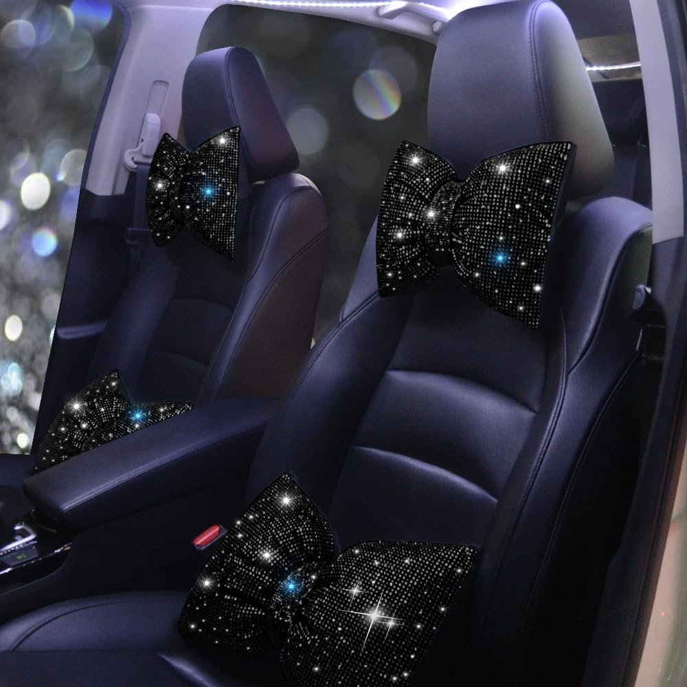 Car Headrest Pillow Bowknot Neck Support Pillow for Driver with Bow Tie Bling Diamond Head Neck Support Rhinestone Accessories for Girls and Women Black 2Pcs