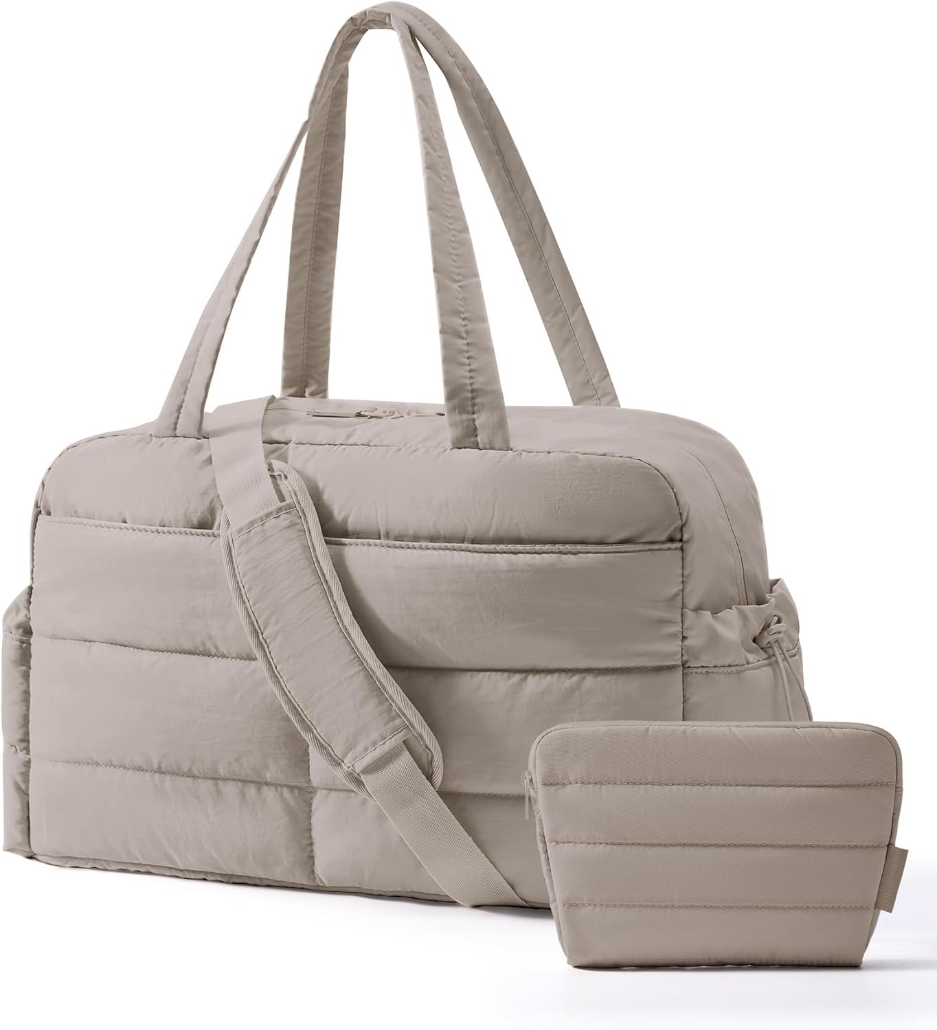 BAGSMART Gym Bag for Women, Lightweight Puffer Duffle Bag 2-PC Travel Bag, 31L Weekender Overnight Bag Quilted Carry On Tote Bag, Diaper Hospital Dance bag for Travel, Gym, Water Resistant, Camel