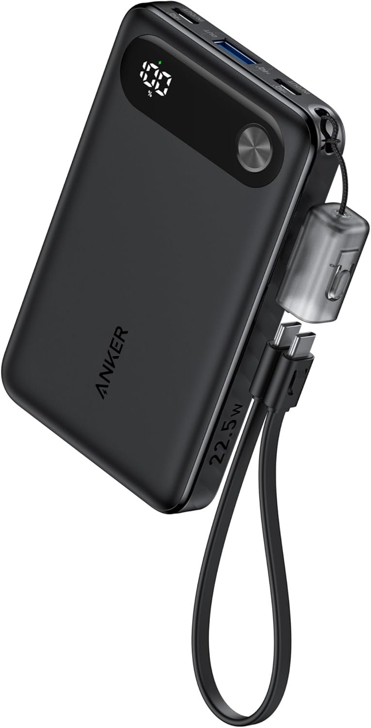 Anker Power Bank, 10,000mAh Portable Charger with Built-in USB-C Cable and Lanyard, 22.5W Max Output with USB-C&A Port, Battery Pack for iPhone 15/14, Galaxy S23, iPad, AirPods, and More