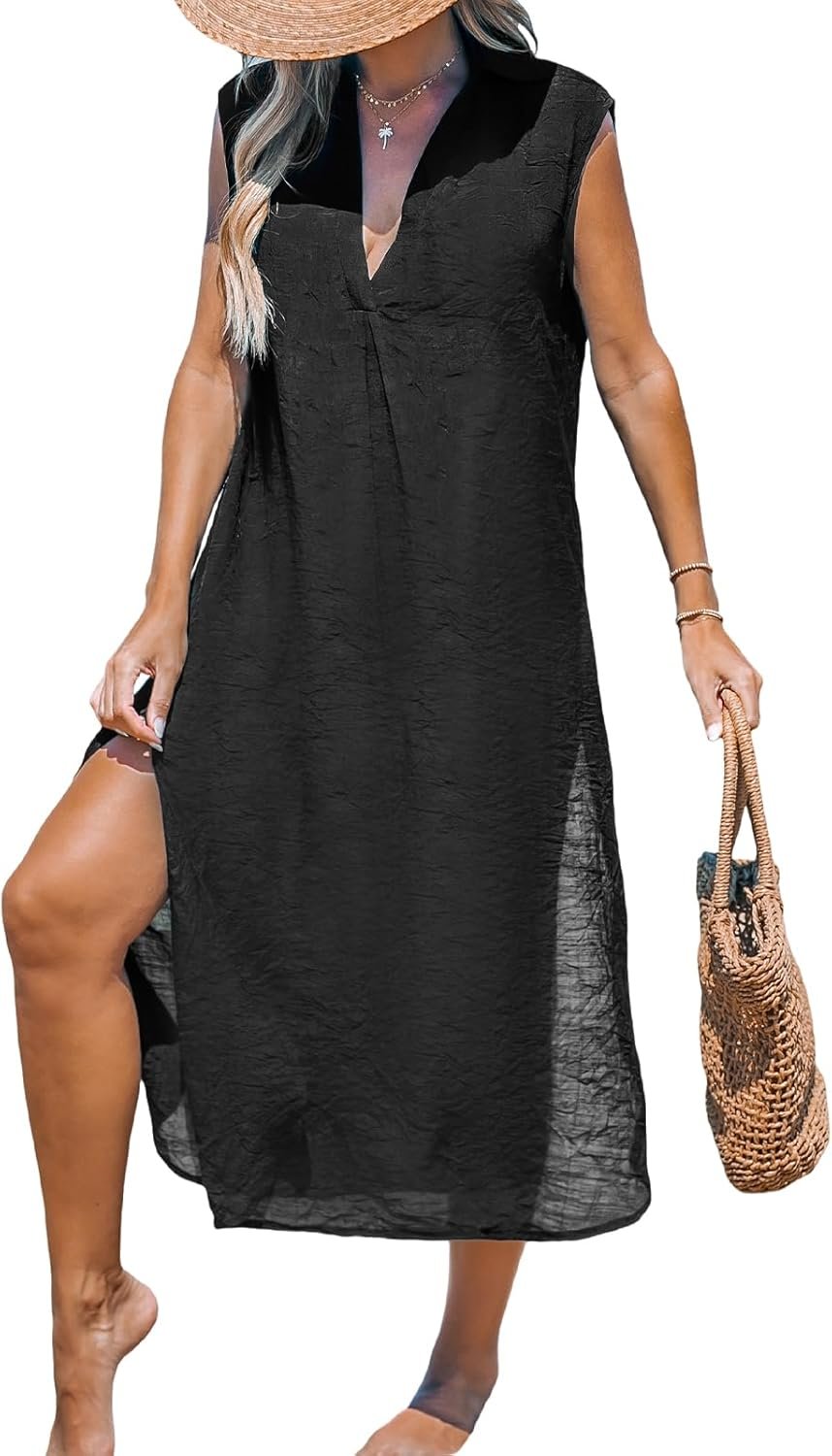 CUPSHE Women’s Swimsuit Coverup Casual Sleeveless Side Split Long Cardigans V Neck Midi Beach Dress