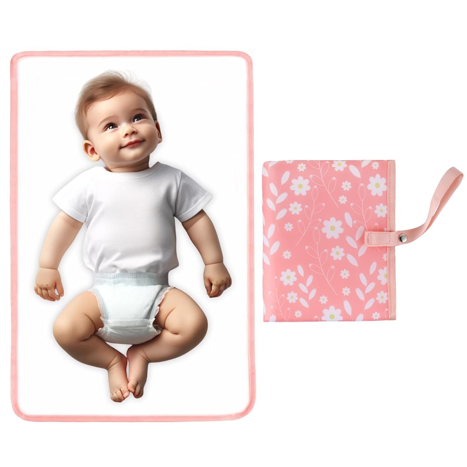 Portable Diaper Changing Pad for Baby – Waterproof Compact Changing Mat with Wrist Strap – Wipeable Travel Changing Pad for Diaper Bag – Gifts for Baby Shower by PHOEBUS BABY(Pink Flowers)