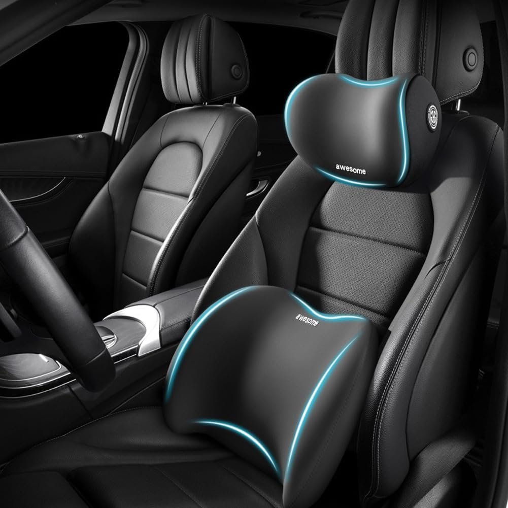 Car Headrest & Lumbar Support Cushion Kit, Ergonomic Car Seat Neck Pillow and Backseat Cushion for Driving Fatigue Relief, Driving Seat Memory Foam Neck Back Rest Pillows (Black)