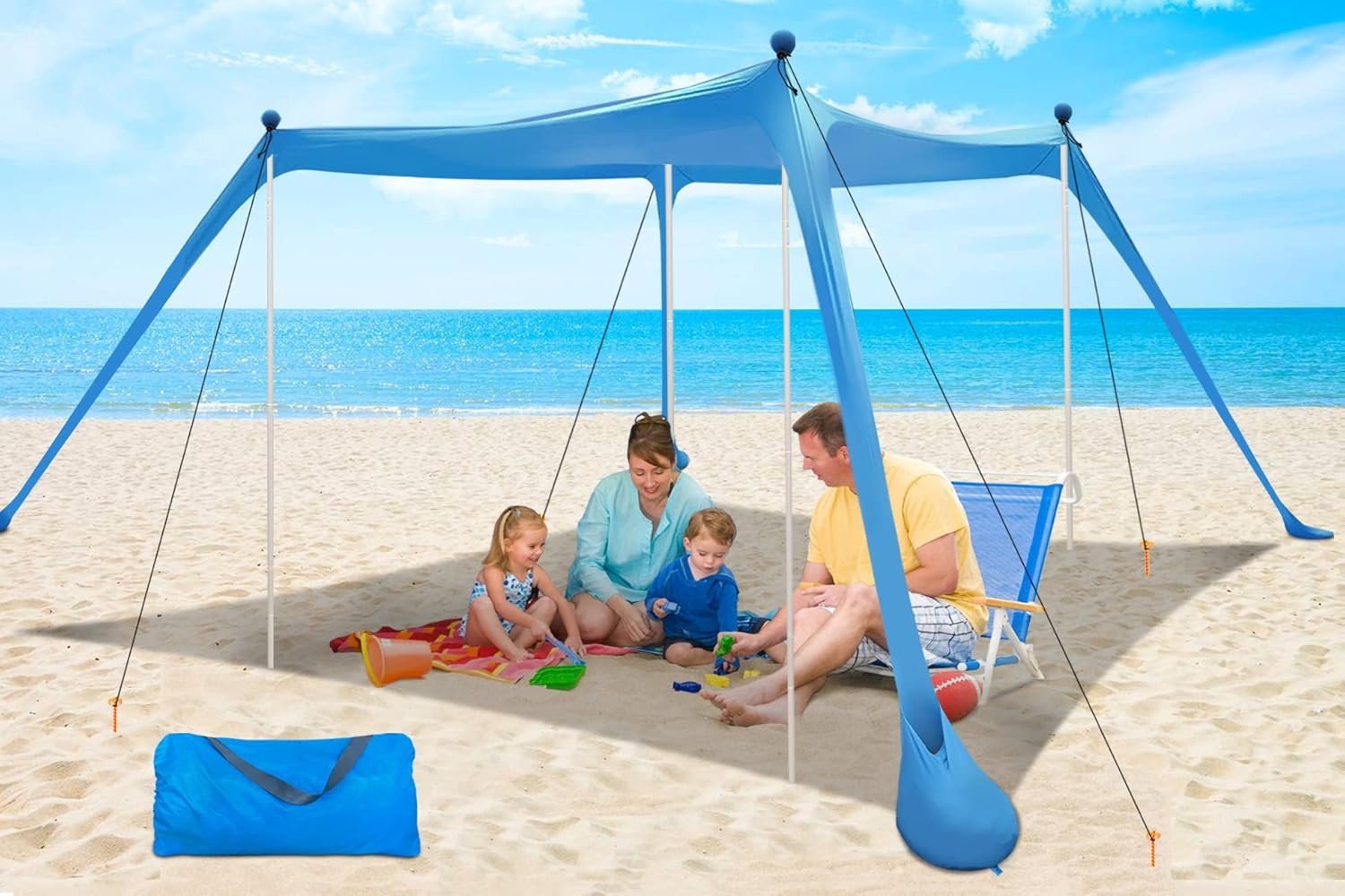 Beach Canopy Beach Tent UPF50+ 11×11 FT Easy to Setup Extra Windproof Rope Sun Shelter Beach Shade Canopy with 4 Stability Poles Outdoor Shade for Beach Camping Family