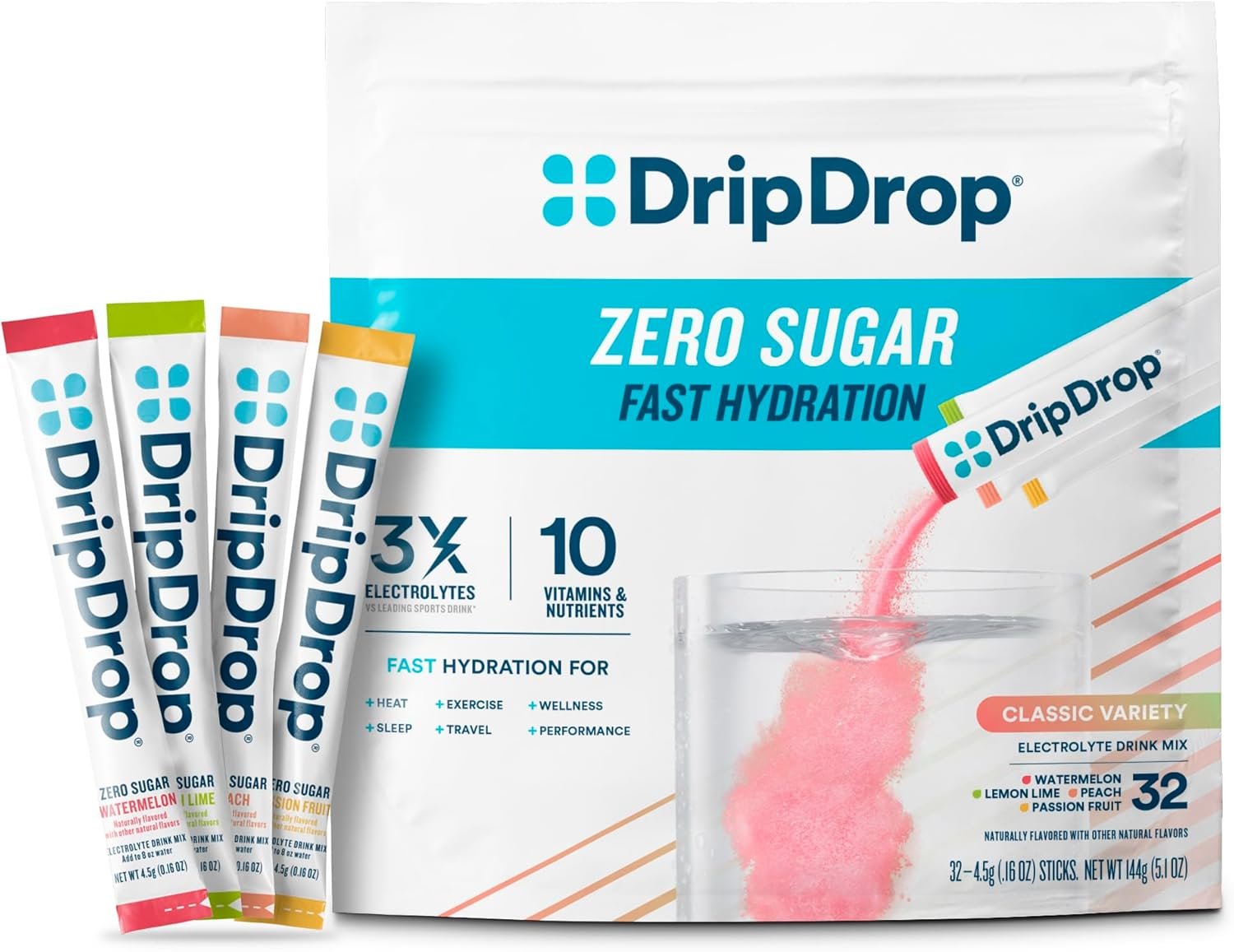 DripDrop Sugar Free Hydration Packets – Zero Classic Variety Pack – Single Serve Electrolytes Powder Drink Mix – Lemon Lime, Watermelon, Peach, Passion Fruit – Non-GMO, Gluten Free, Vegan – 32 Sticks