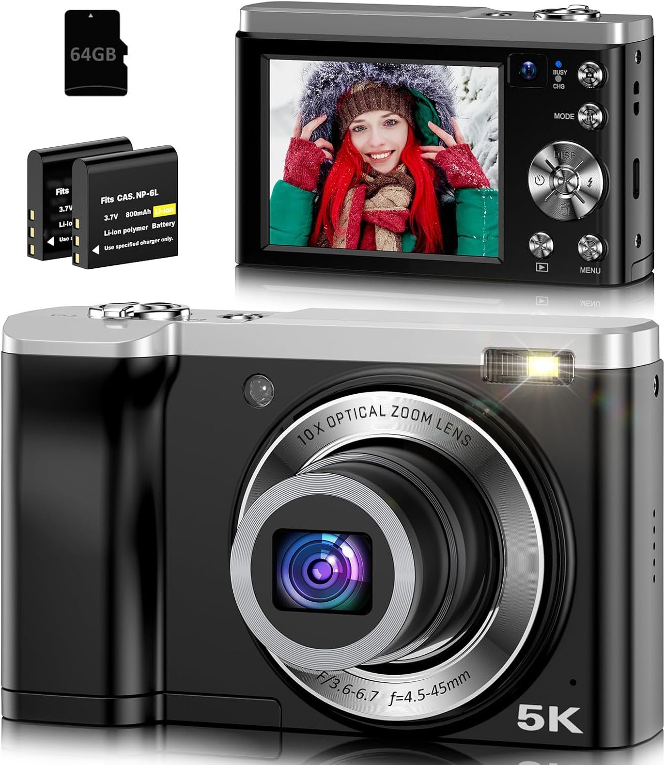 5K Digital Camera 10X Optical Zoom, 56MP Cameras for Photography with Front and Rear Dual Cameras, Vlogging Camera for Photography Travel Camera with 2.8″ IPS Touchscreen, 64G Micro Card & 2 Batteries