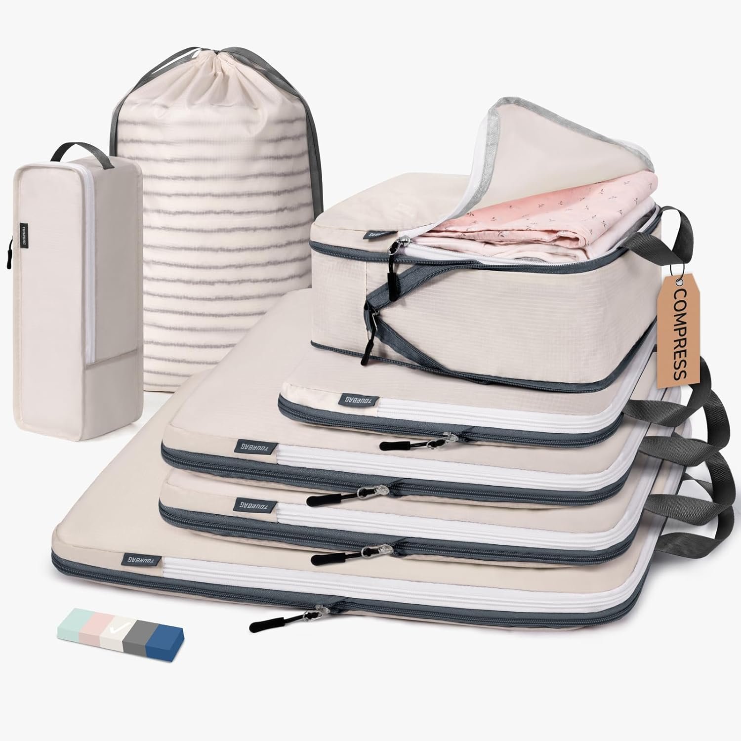 CherryNow Compression Packing Cubes, 7 Set Packing Cubes for Travel Women, Travel Essentials for Backpack, Beige
