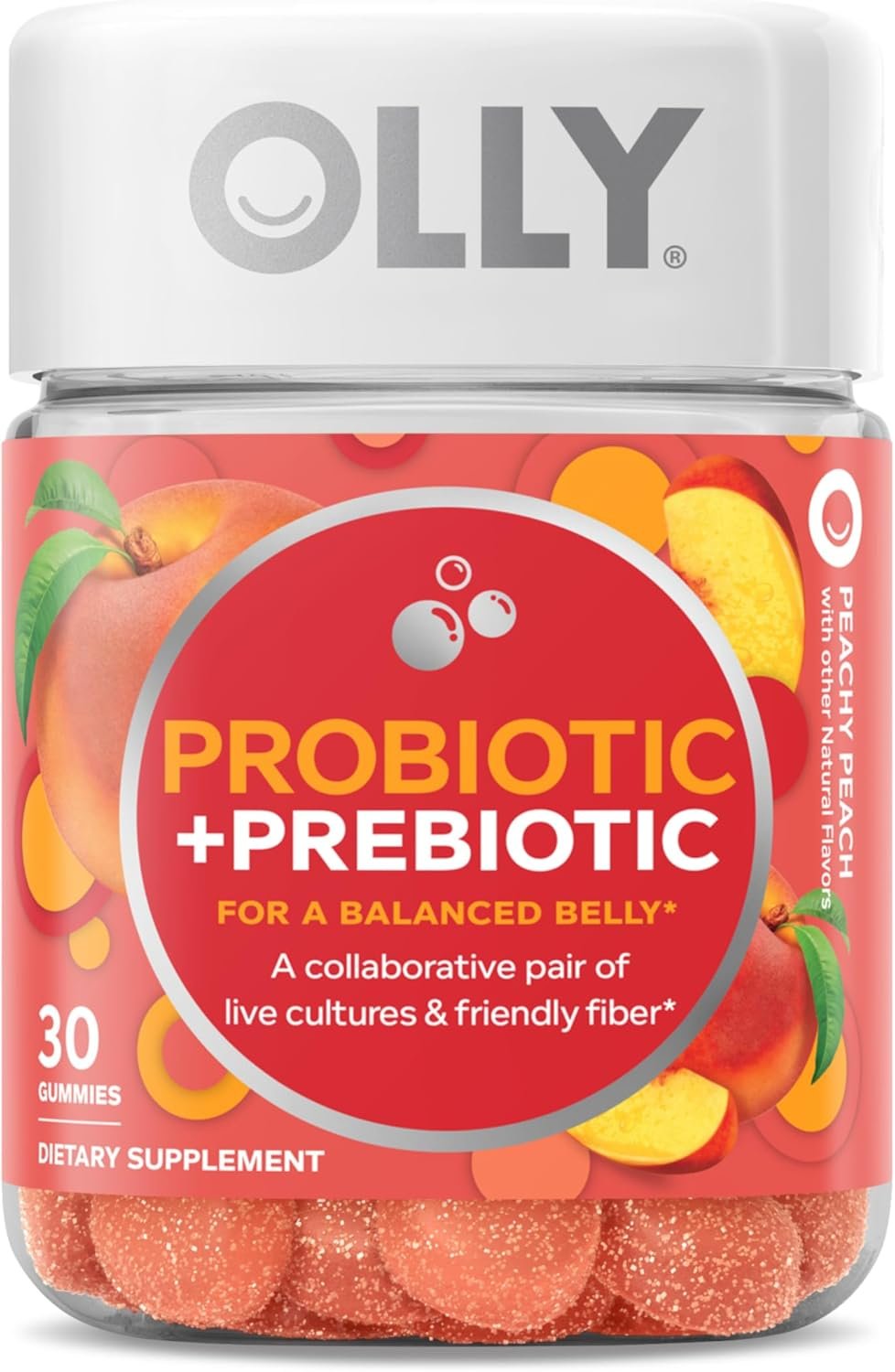 OLLY Probiotic + Prebiotic Gummy, Digestive Support and Gut Health, 500 Million CFUs, Fiber, Adult Chewable Supplement for Men and Women, Peach, 30 Day Supply – 30 Count